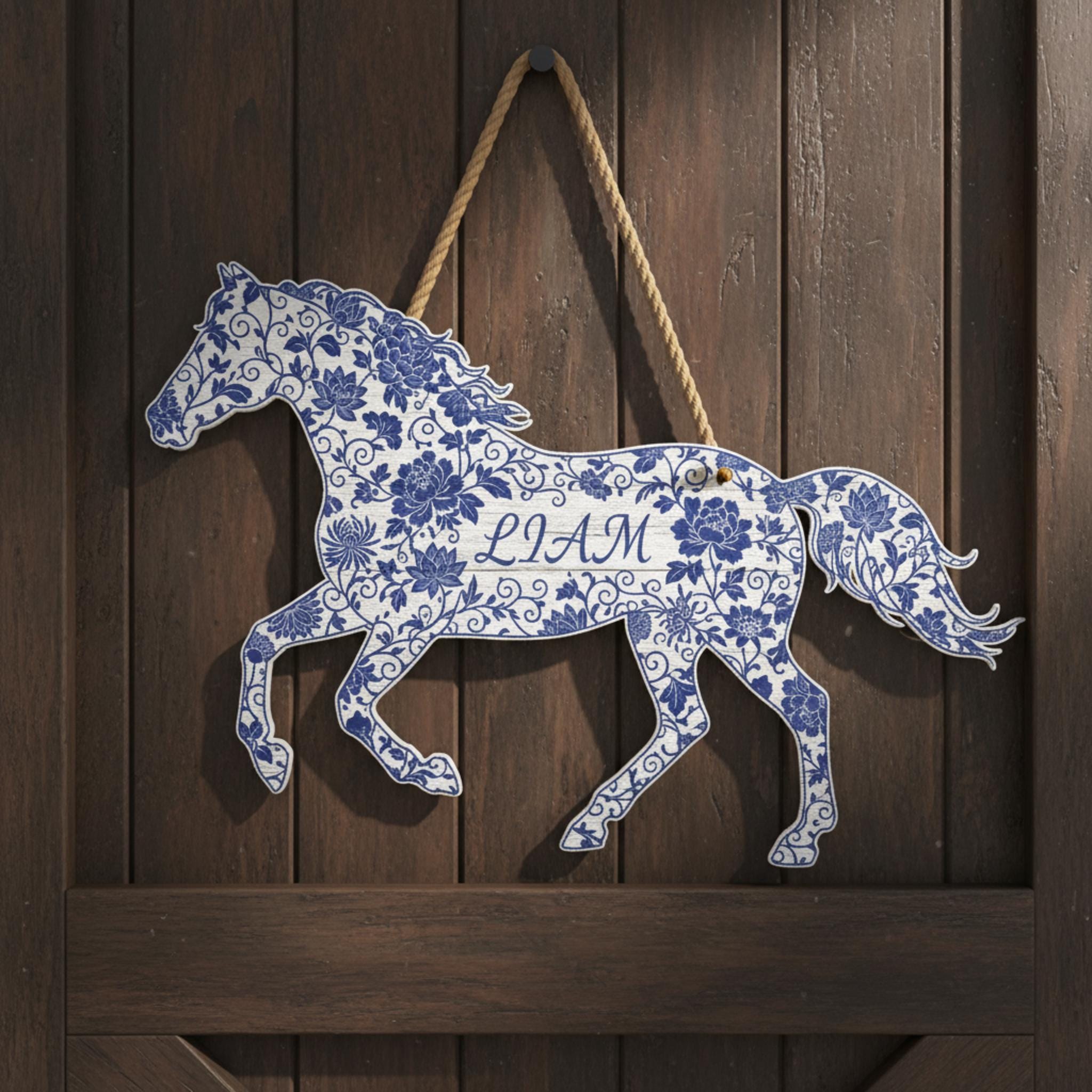 Personalized Chinoiserie Horse Shaped Wood Sign; Custom Name Blue White Floral Decor