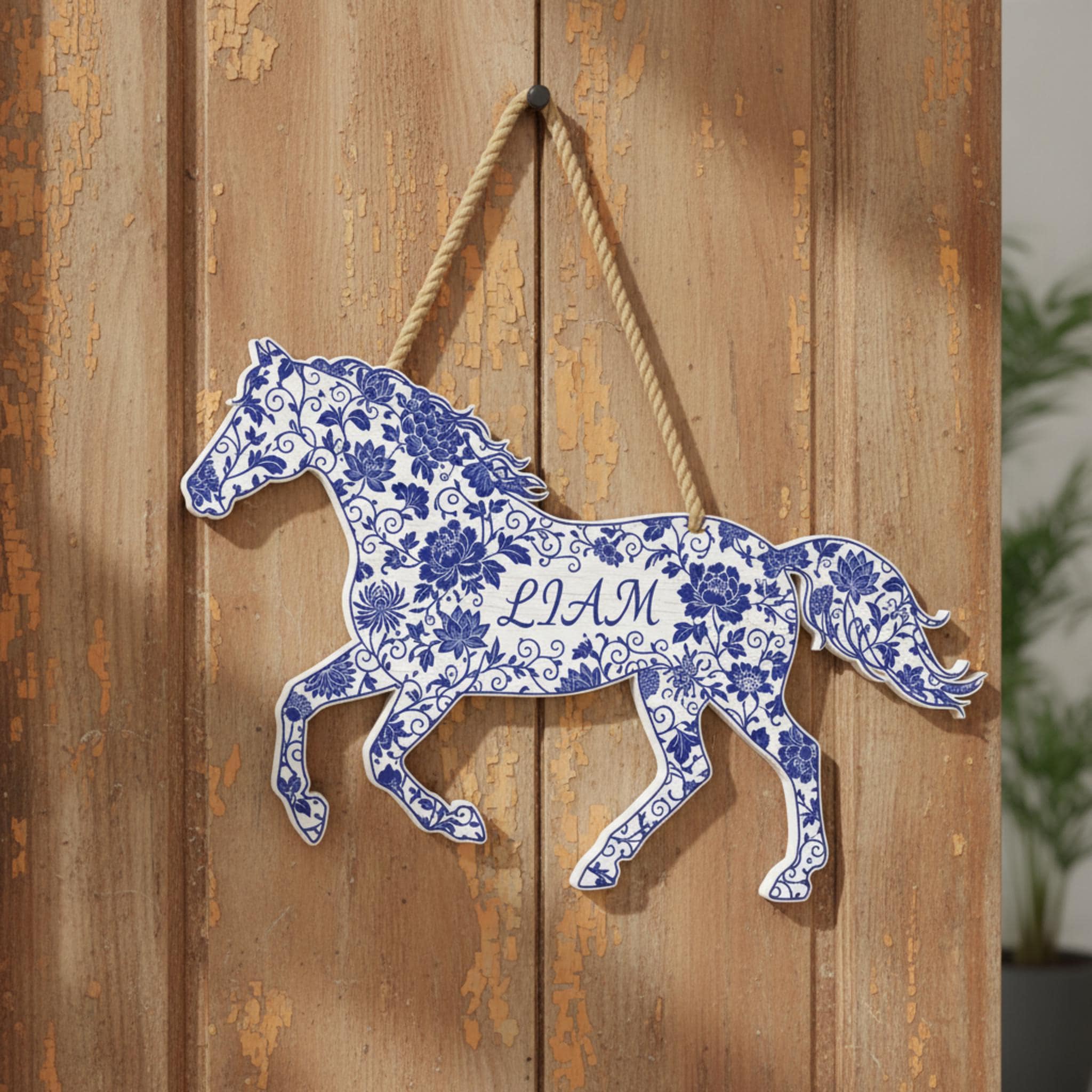 Personalized Chinoiserie Horse Shaped Wood Sign; Custom Name Blue White Floral Decor