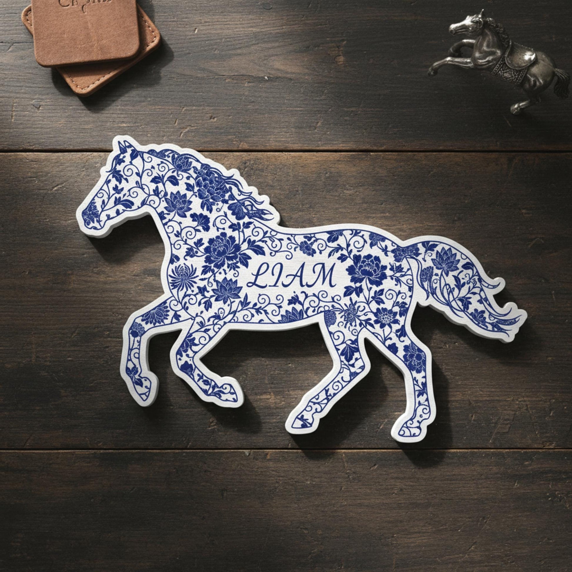 Personalized Chinoiserie Horse Shaped Wood Sign; Custom Name Blue White Floral Decor