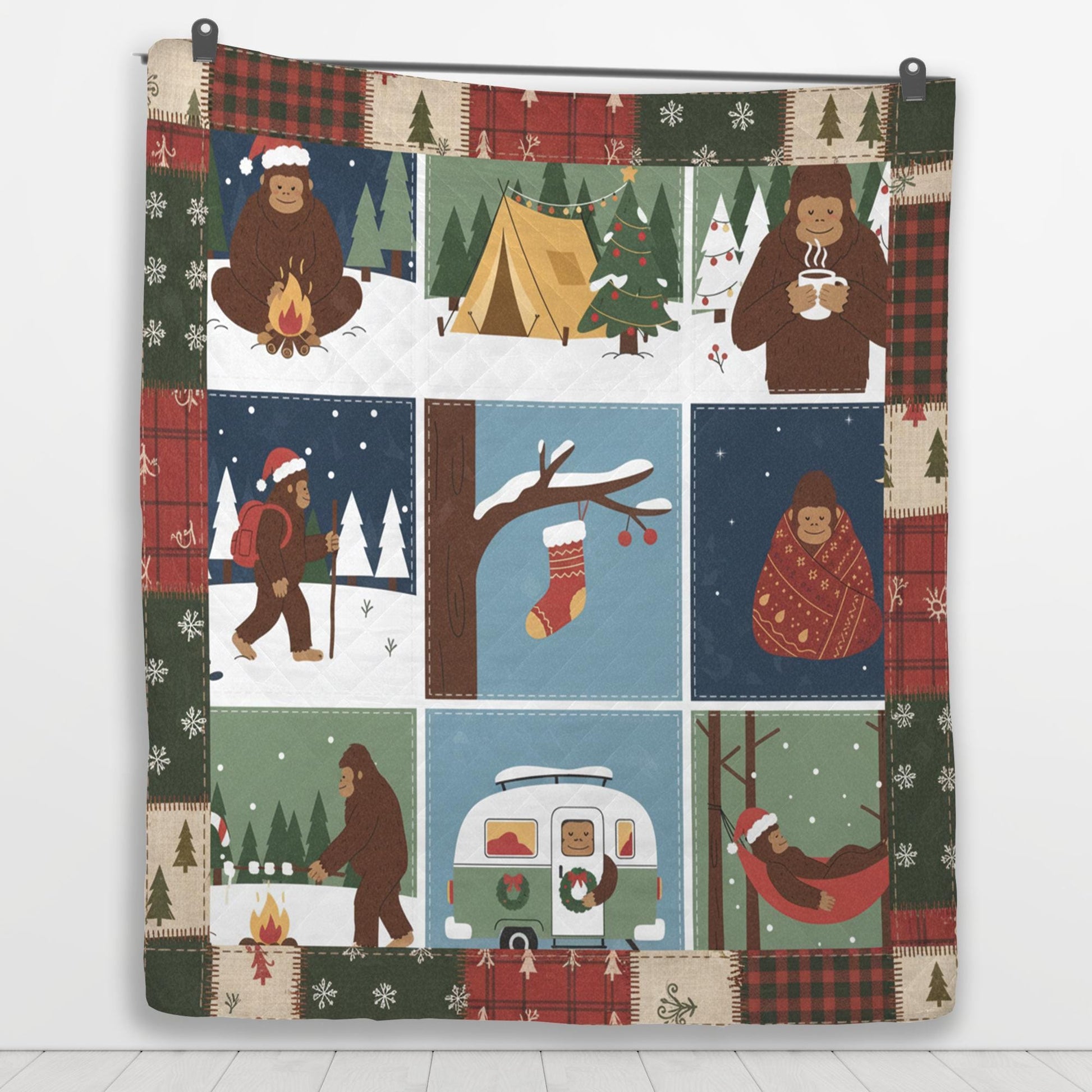 Christmas Bigfoot Quilt Blanket – Cozy Sasquatch Holiday Cabin Throw