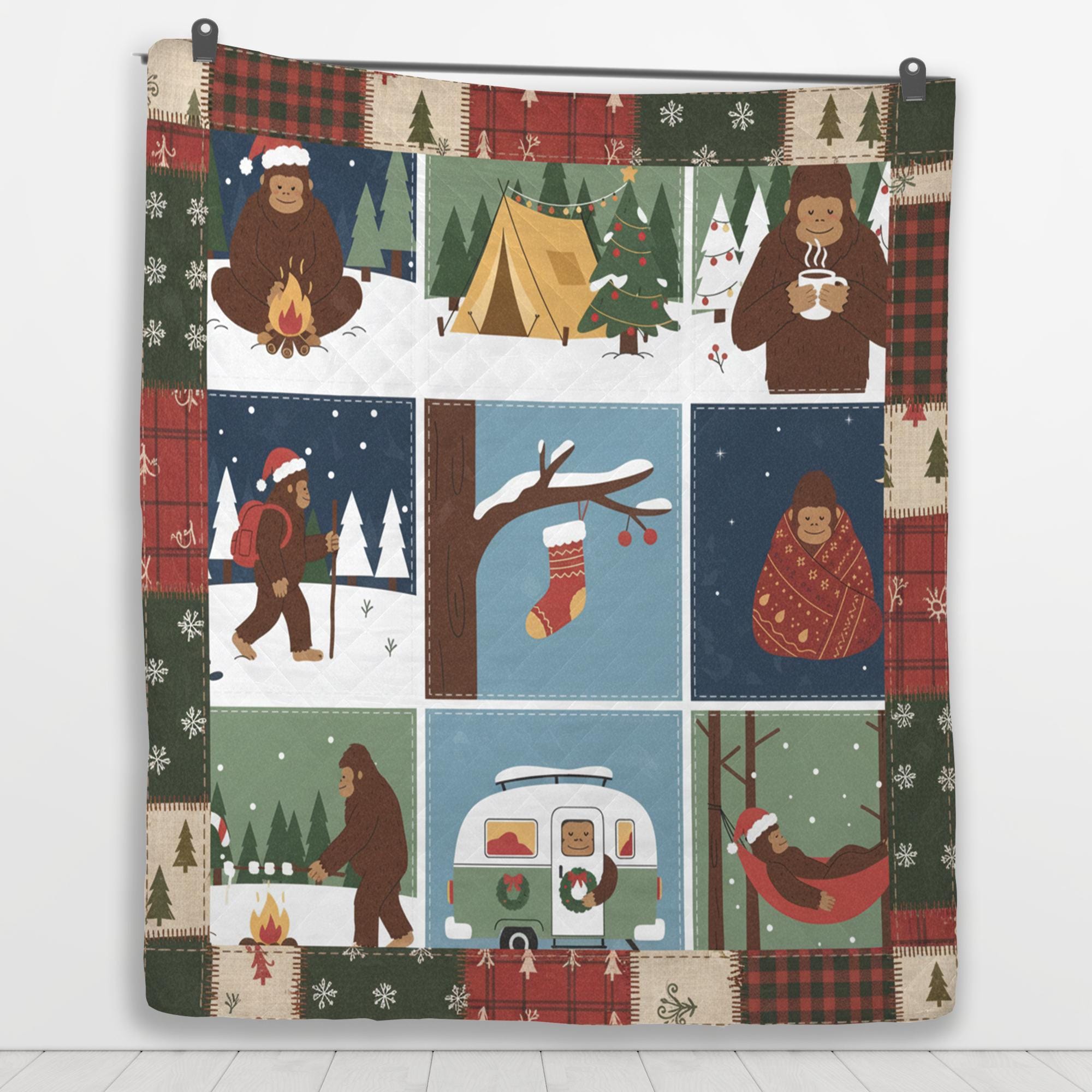 Christmas Bigfoot Quilt Blanket – Cozy Sasquatch Holiday Cabin Throw