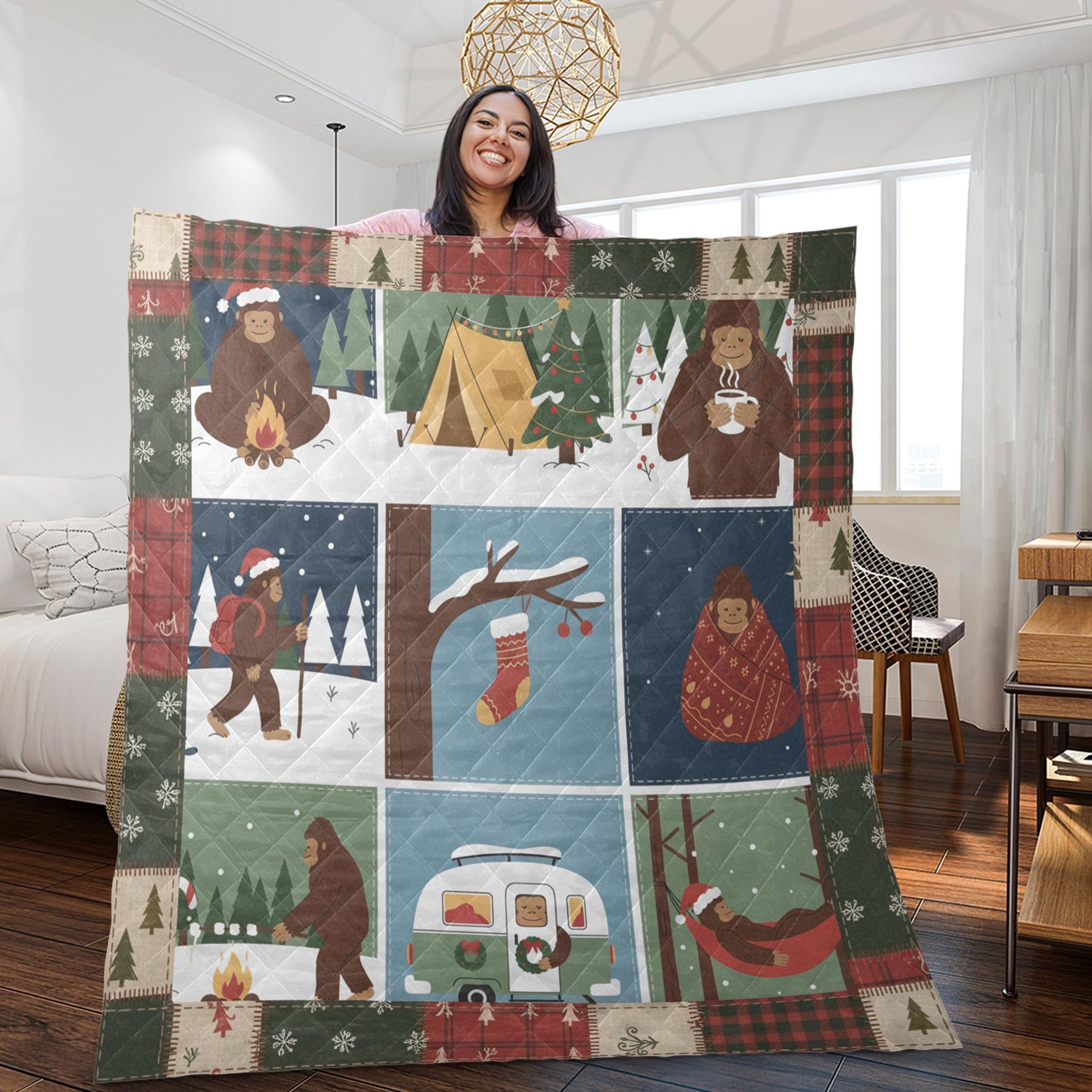 Christmas Bigfoot Quilt Blanket – Cozy Sasquatch Holiday Cabin Throw
