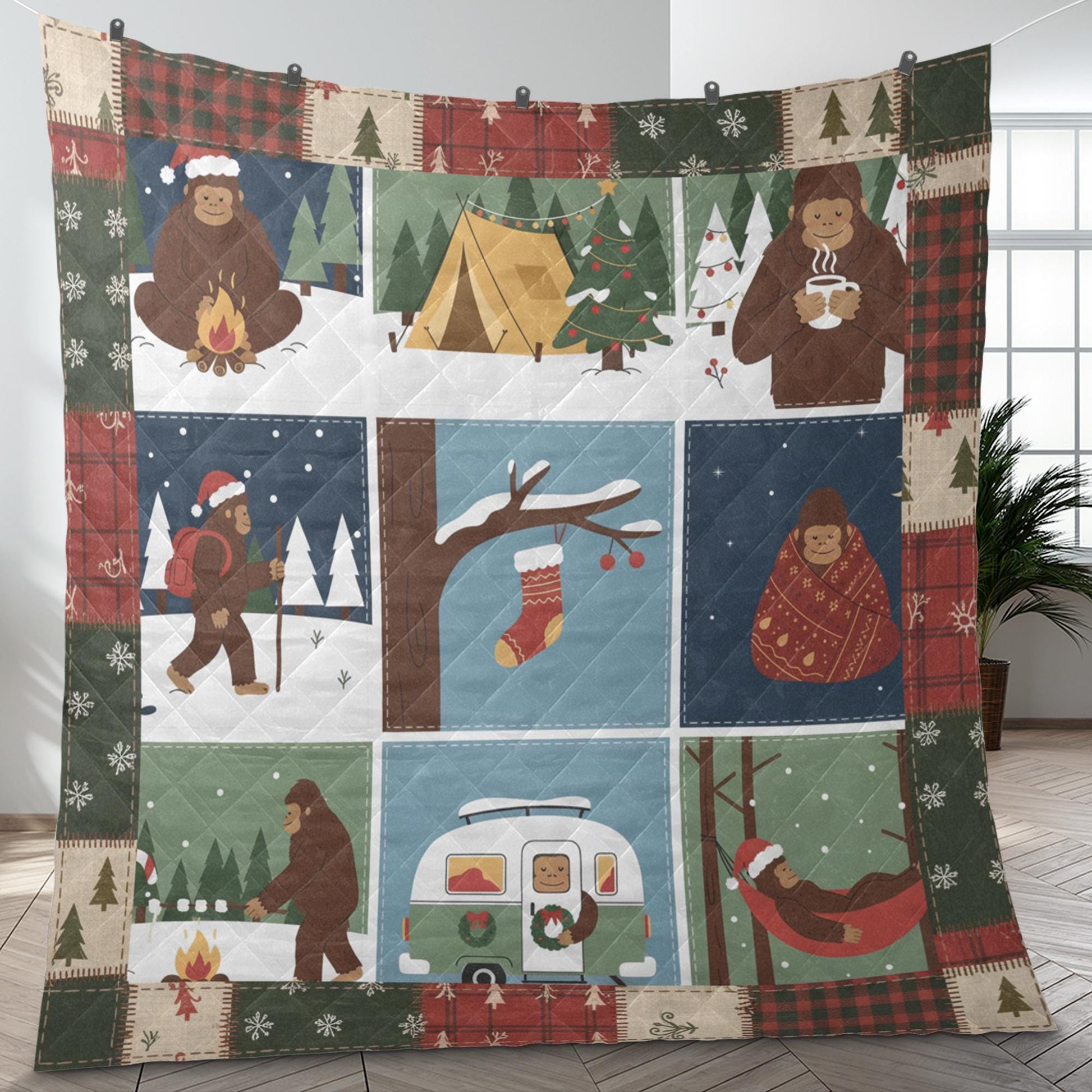 Christmas Bigfoot Quilt Blanket – Cozy Sasquatch Holiday Cabin Throw