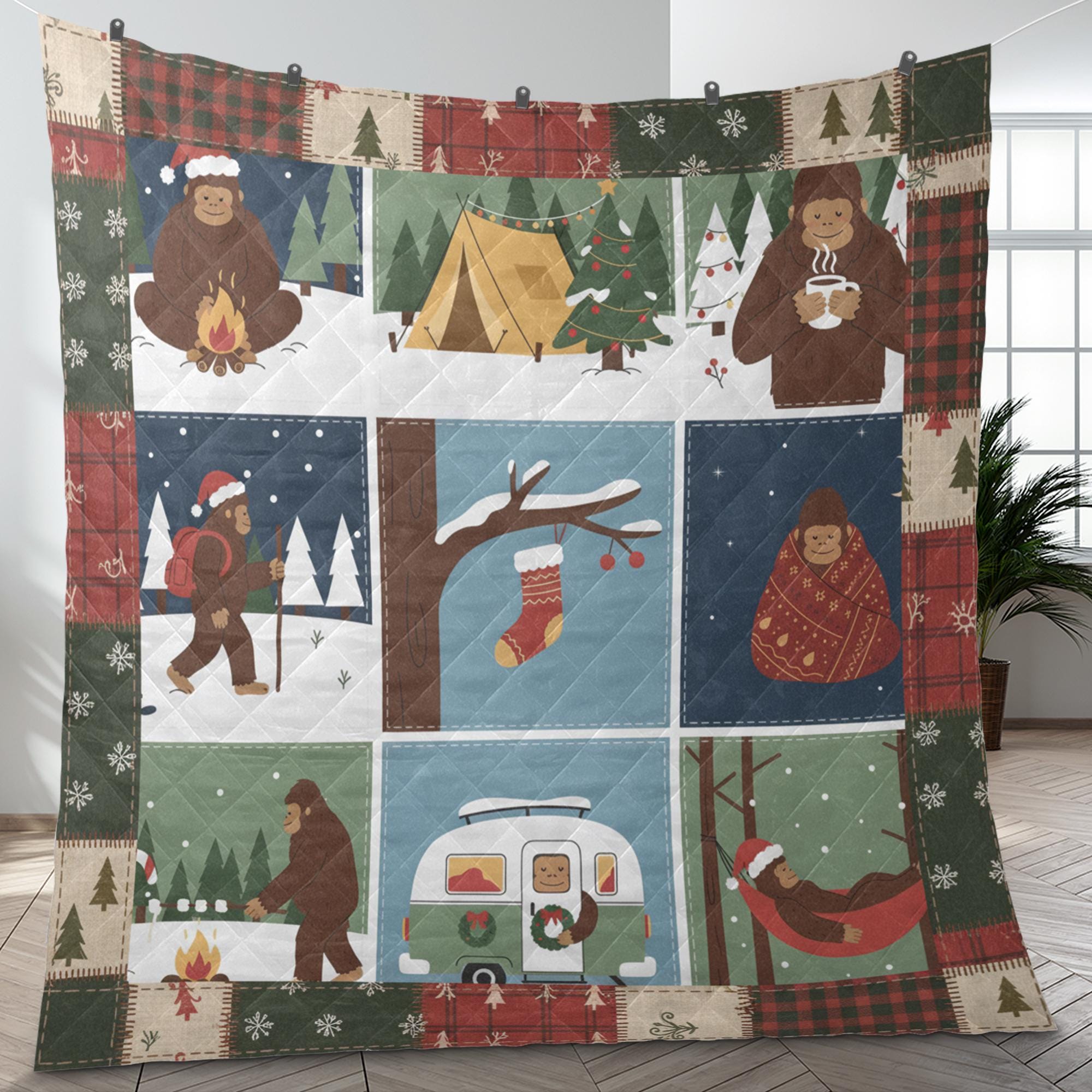 Christmas Bigfoot Quilt Blanket – Cozy Sasquatch Holiday Cabin Throw