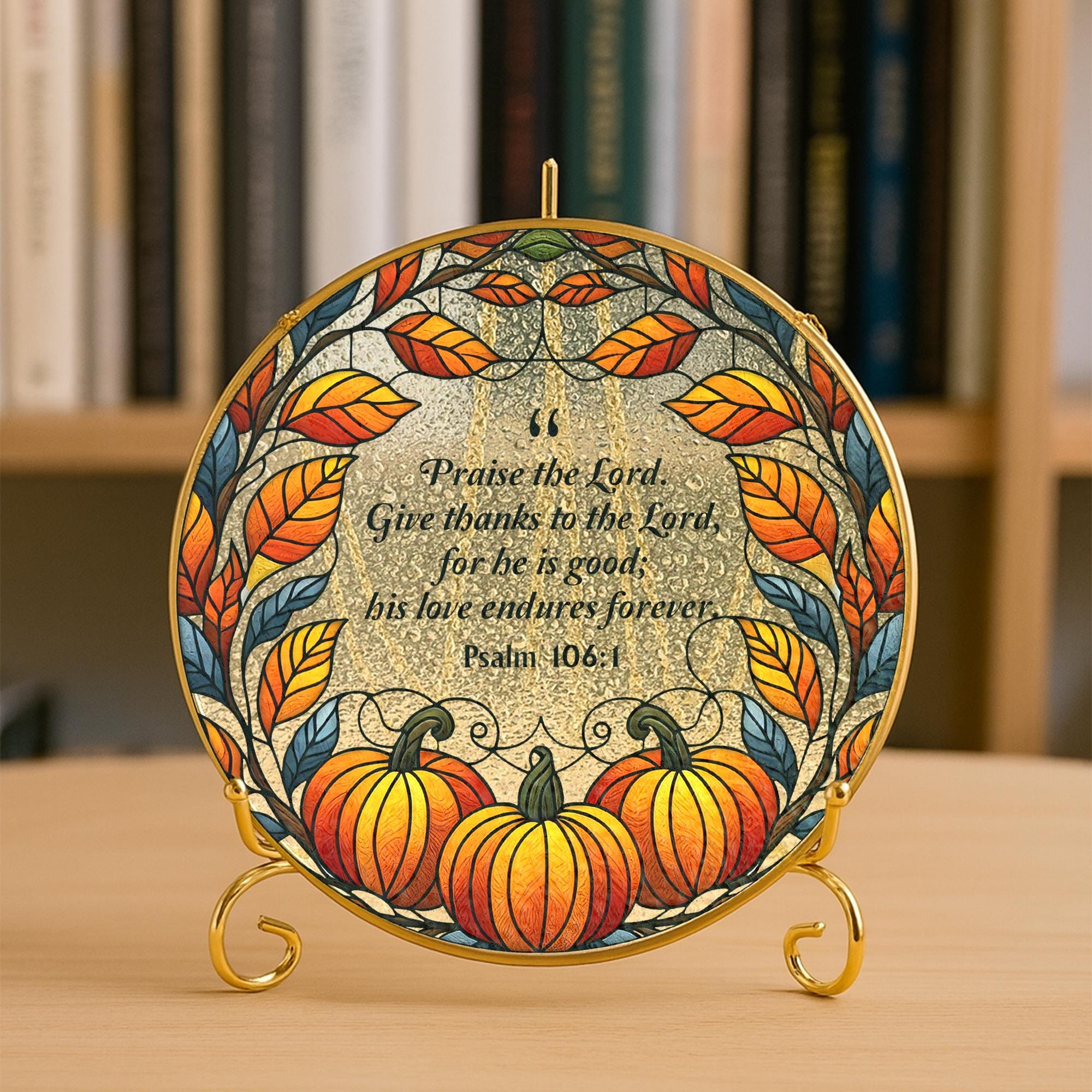 Fall Glass Suncatcher with Pumpkins and Leaves – Psalm 106:1 Bible Verse Hanging Ornament