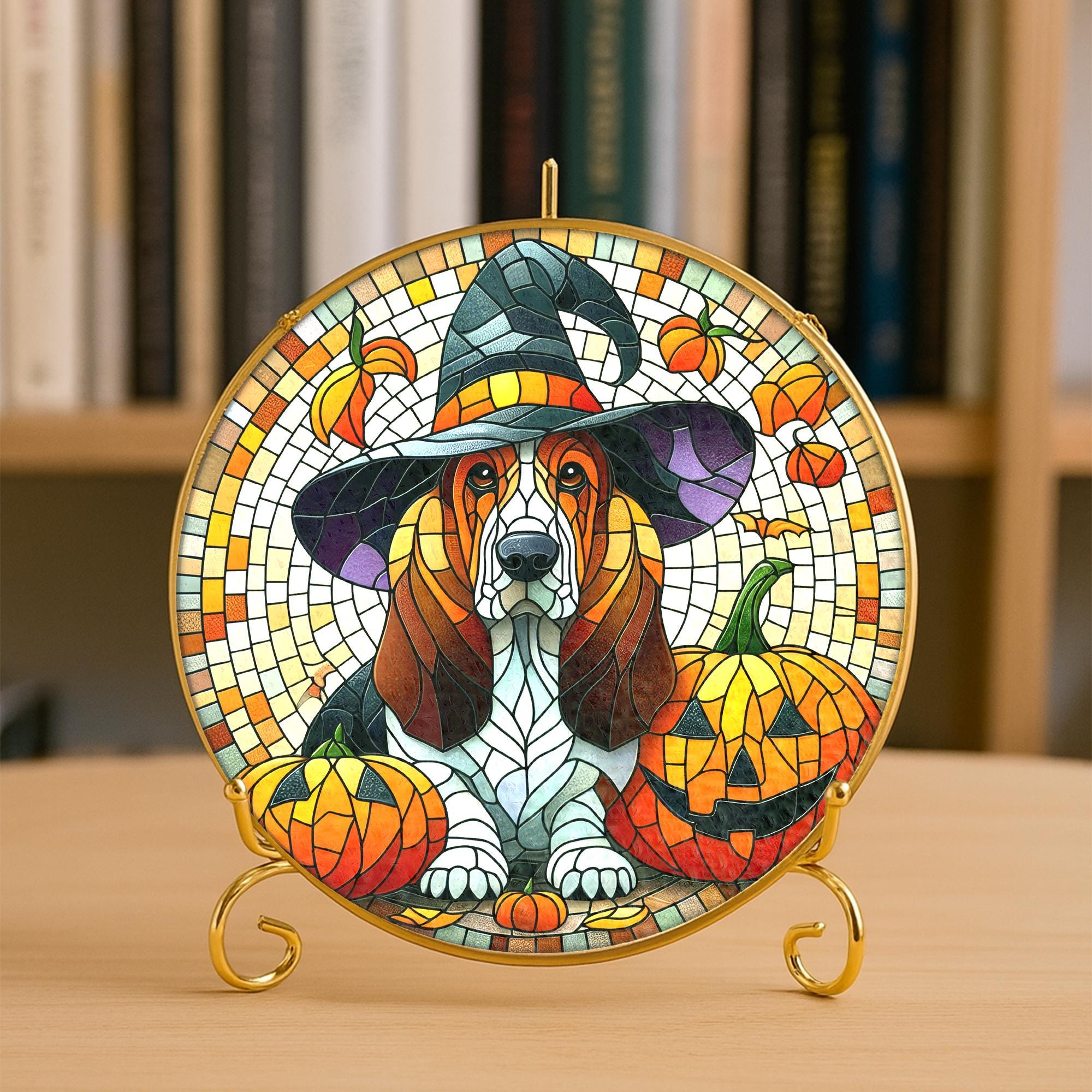 Basset Hound Dog Glass Suncatcher, Halloween Witch Hat and Pumpkin Design