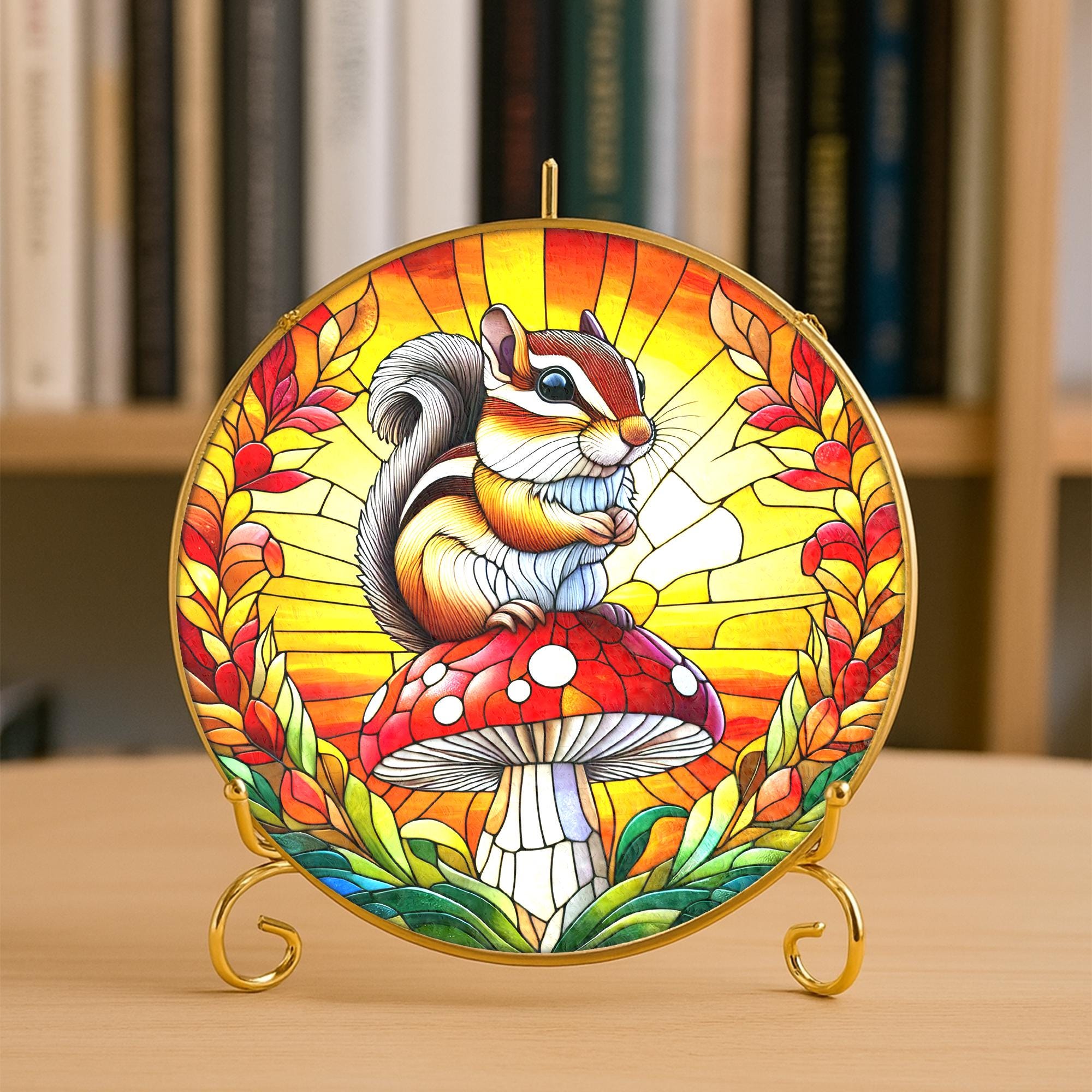 Glass Suncatcher with Chipmunk on Mushroom – Woodland Animal Window Hanging Decoration