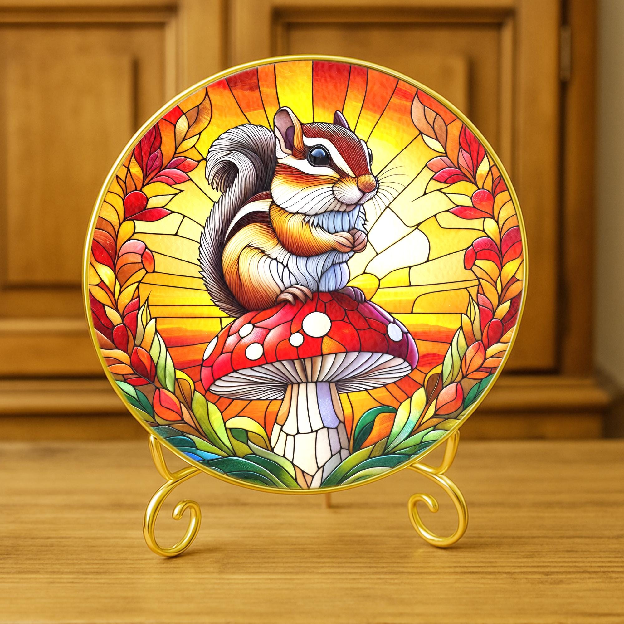 Glass Suncatcher with Chipmunk on Mushroom – Woodland Animal Window Hanging Decoration