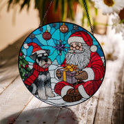 Glass Suncatcher with Santa Claus and Schnauzer Dog, Christmas Window Hanging Decoration