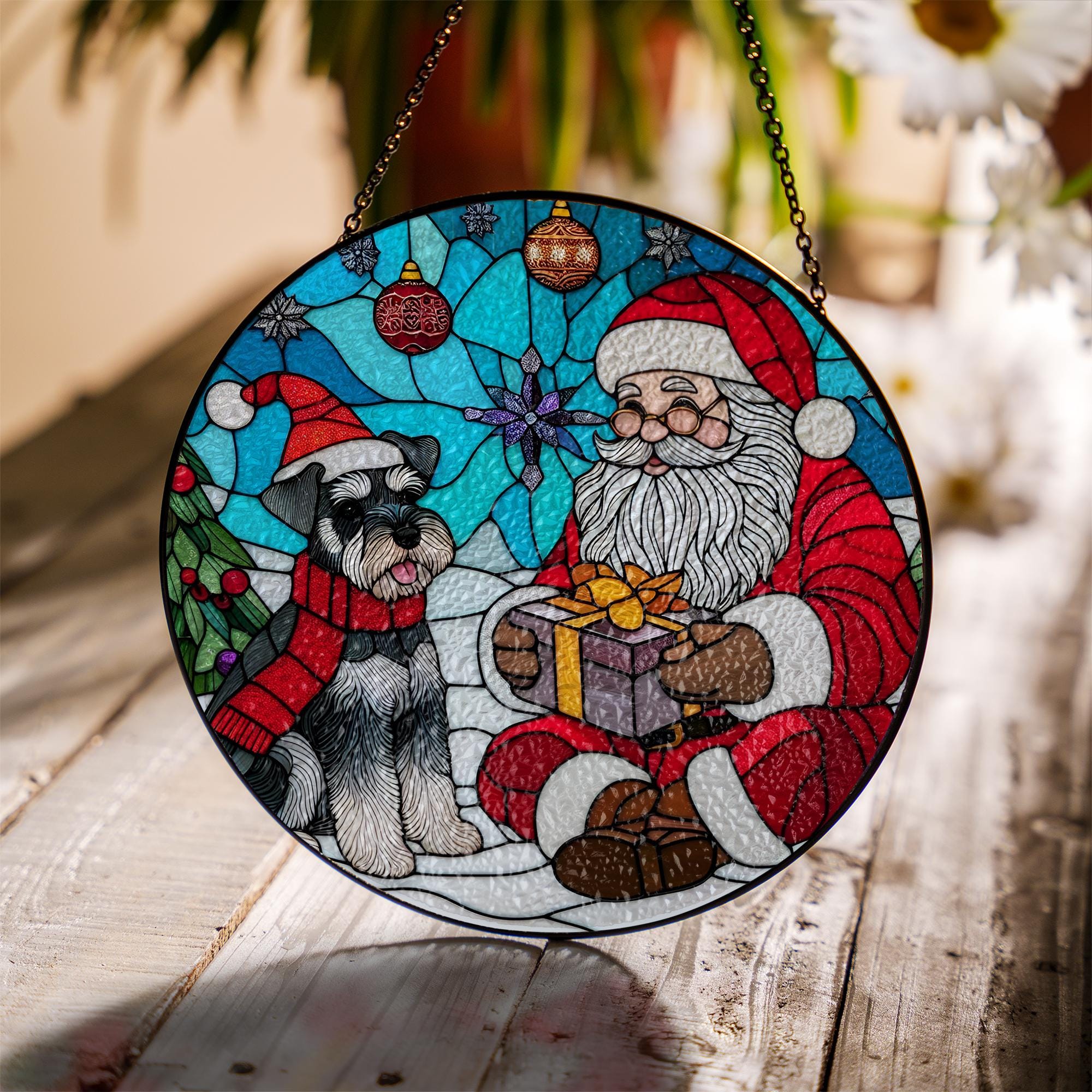 Glass Suncatcher with Santa Claus and Schnauzer Dog, Christmas Window Hanging Decoration