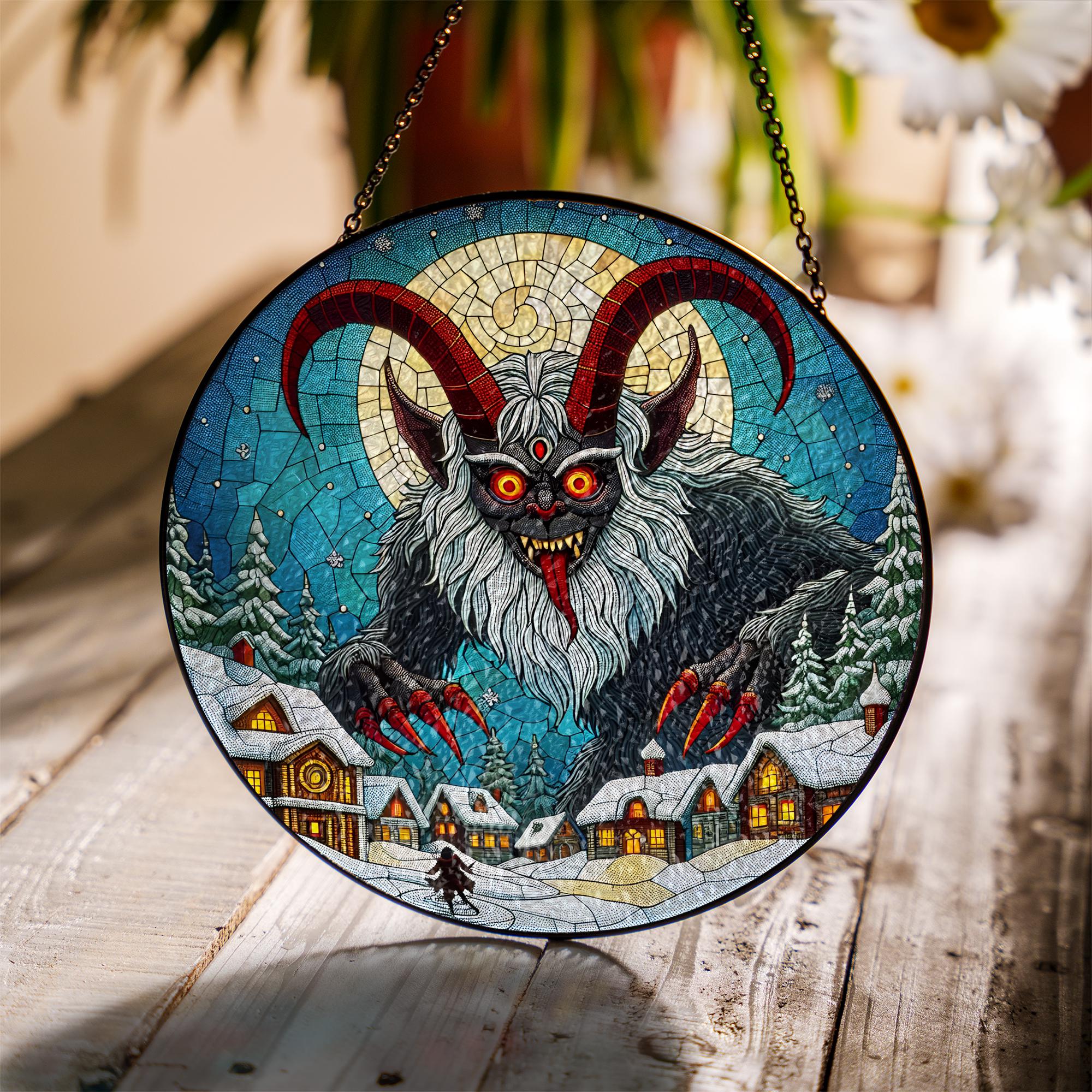 Glass Suncatcher with Krampus Design, Christmas Folklore Scene, Round Hanging Window Decoration