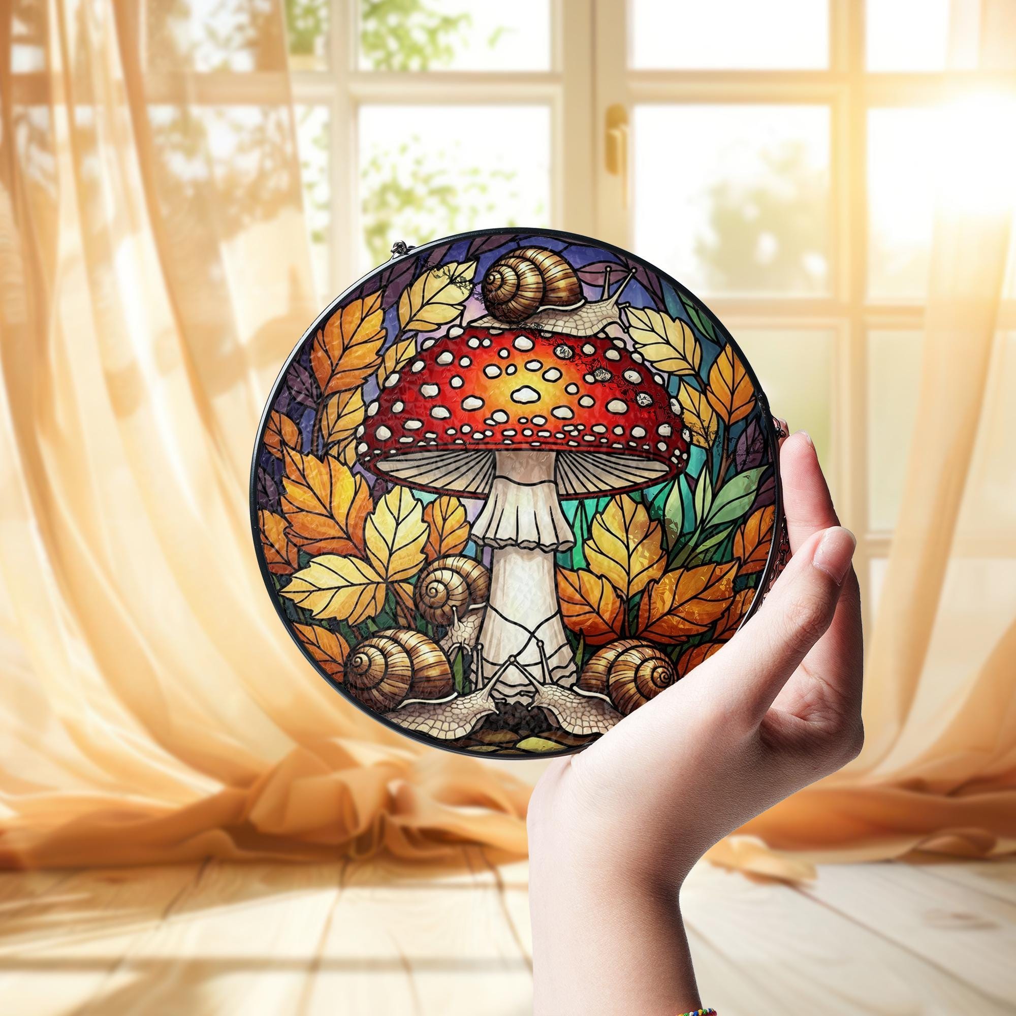 Glass Suncatcher with Mushroom and Snail Design, Autumn Leaves Pattern