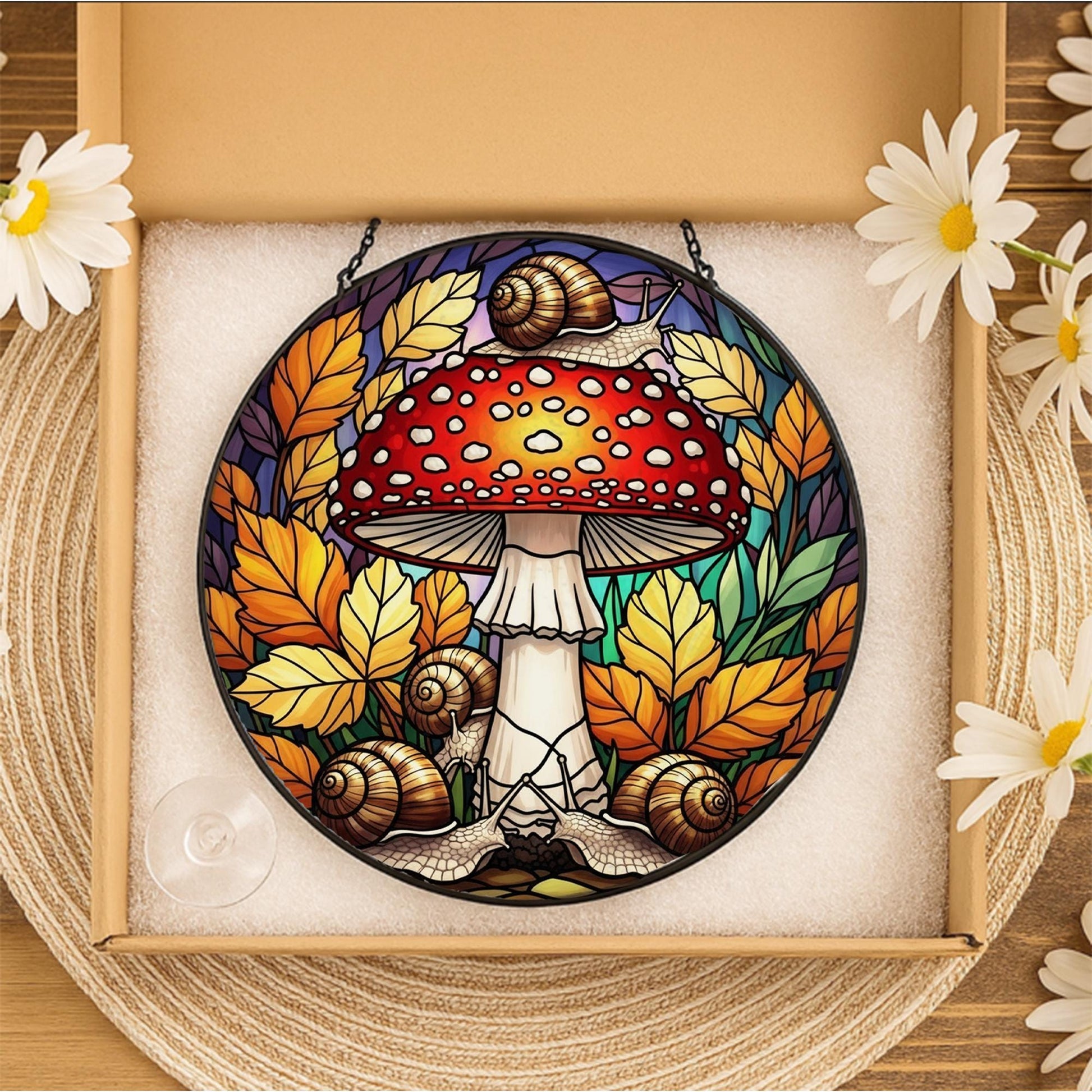 Glass Suncatcher with Mushroom and Snail Design, Autumn Leaves Pattern