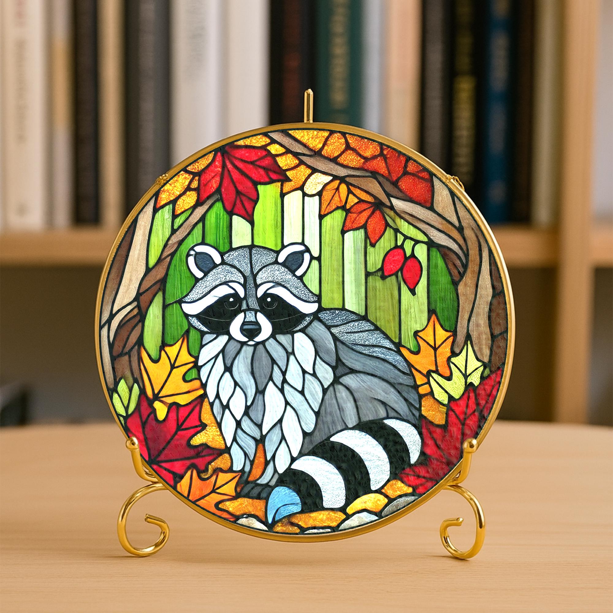 Raccoon Glass Suncatcher, Autumn Leaves Pattern, Round Hanging Window Decoration