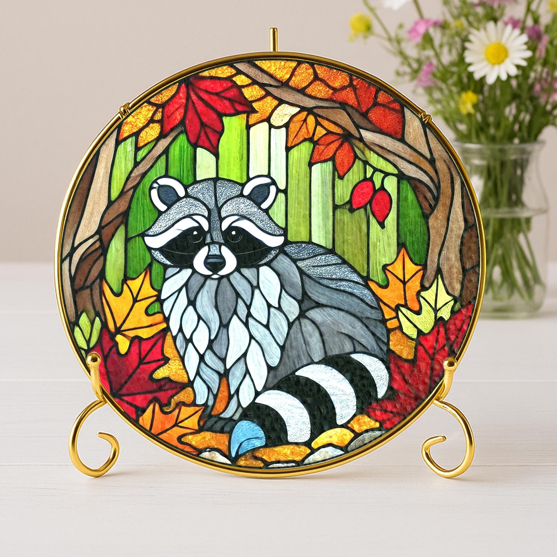 Raccoon Glass Suncatcher, Autumn Leaves Pattern, Round Hanging Window Decoration