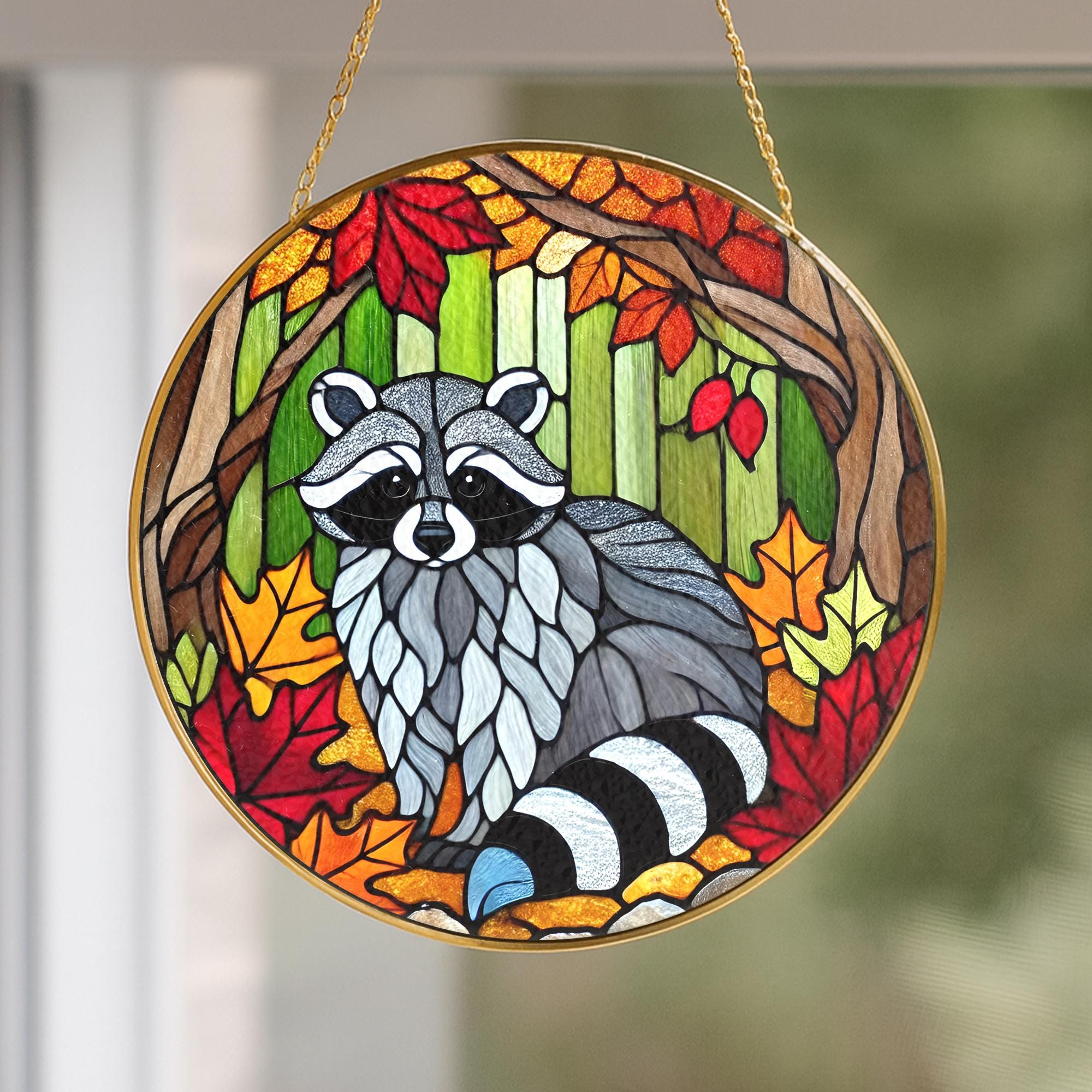 Raccoon Glass Suncatcher, Autumn Leaves Pattern, Round Hanging Window Decoration