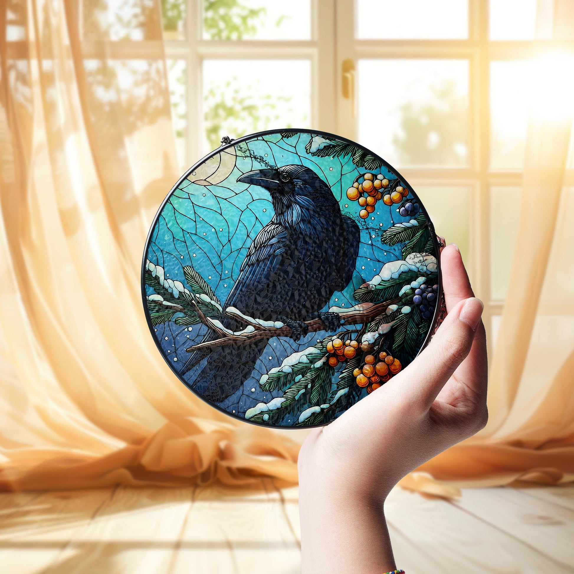 Glass Suncatcher with Raven Design, Winter Berries and Moon Scene