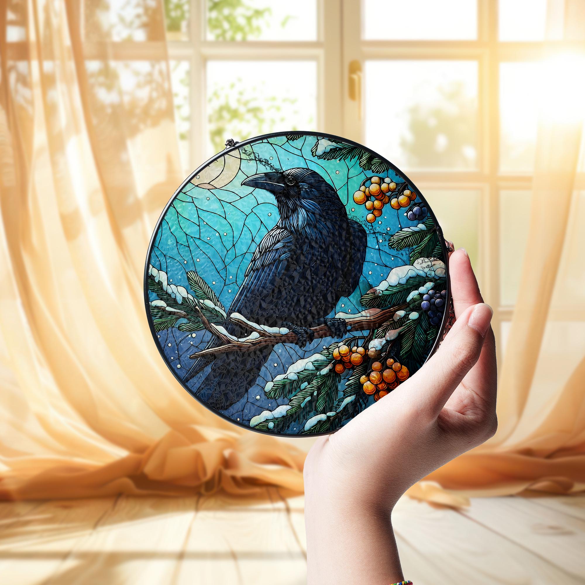 Glass Suncatcher with Raven Design, Winter Berries and Moon Scene