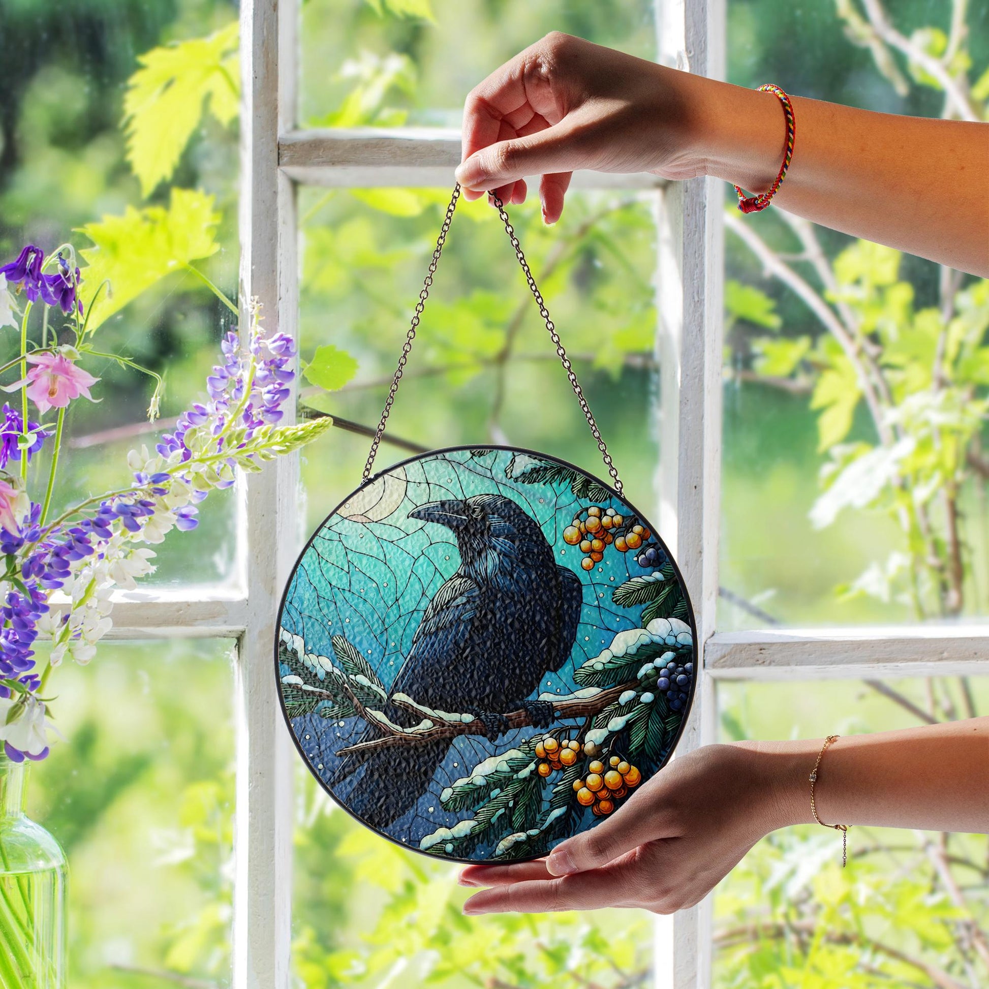 Glass Suncatcher with Raven Design, Winter Berries and Moon Scene