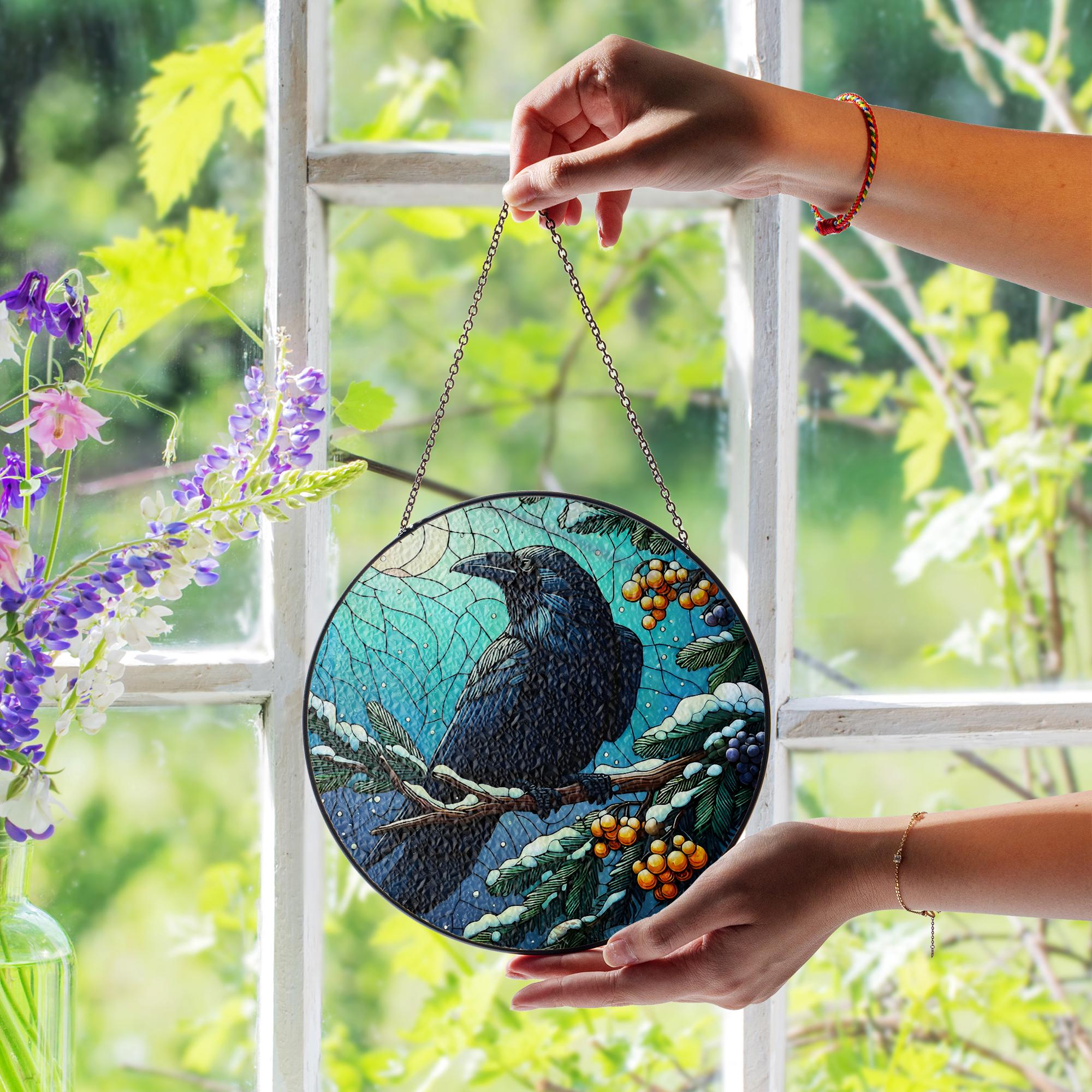 Glass Suncatcher with Raven Design, Winter Berries and Moon Scene