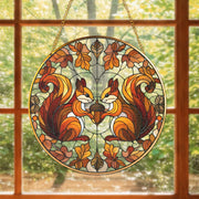 Glass Suncatcher with Squirrel and Acorn Design, Autumn Oak Leaves Pattern