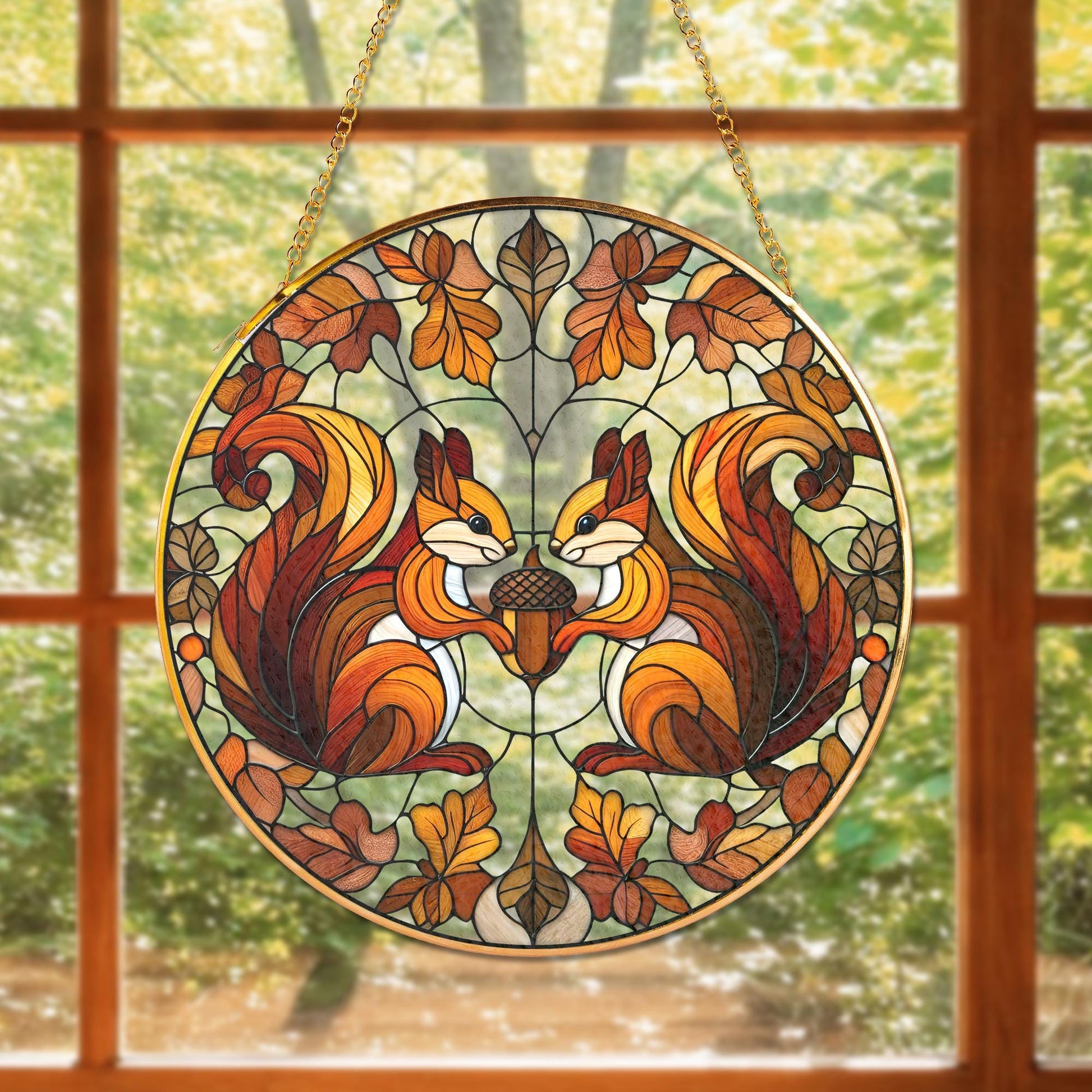Glass Suncatcher with Squirrel and Acorn Design, Autumn Oak Leaves Pattern