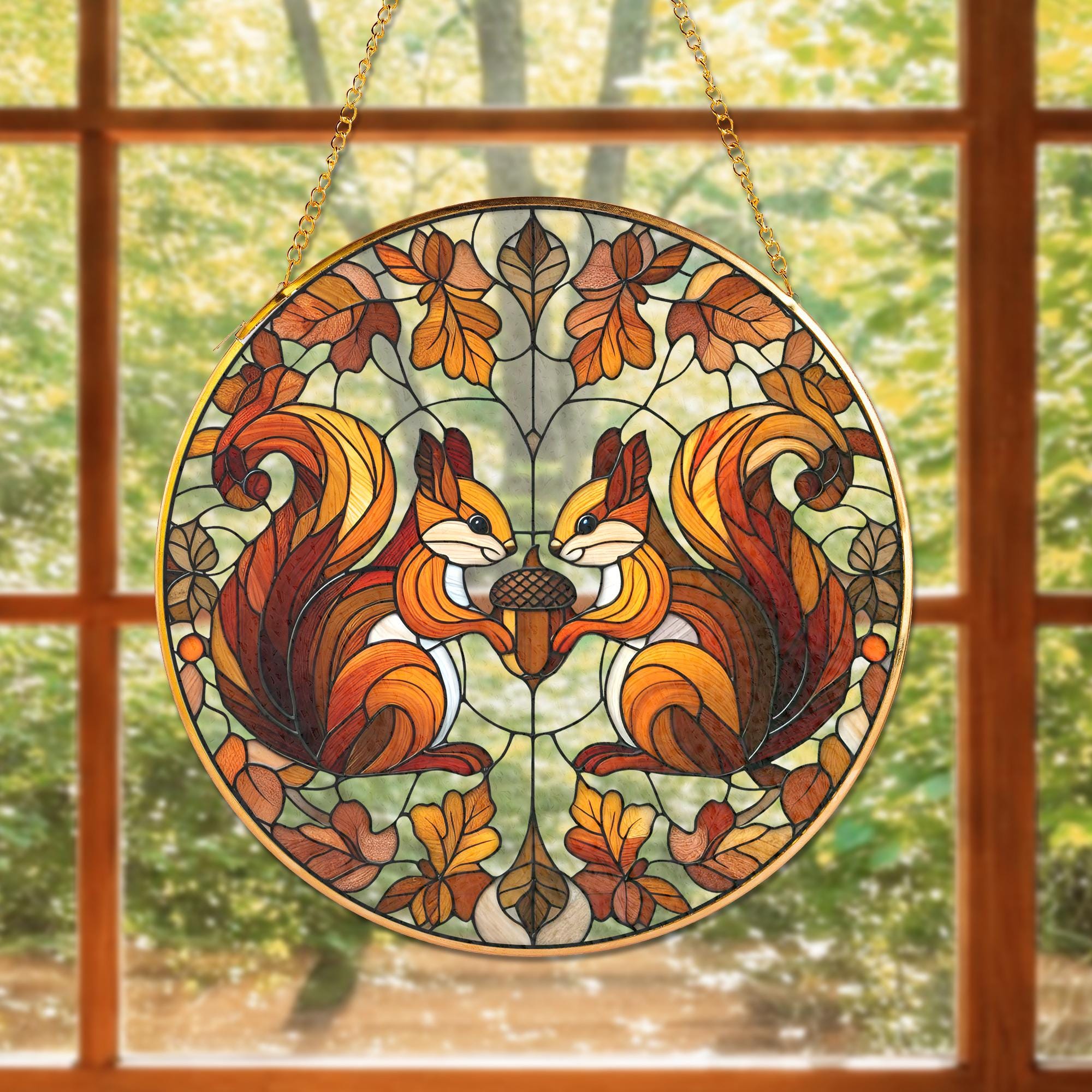 Glass Suncatcher with Squirrel and Acorn Design, Autumn Oak Leaves Pattern