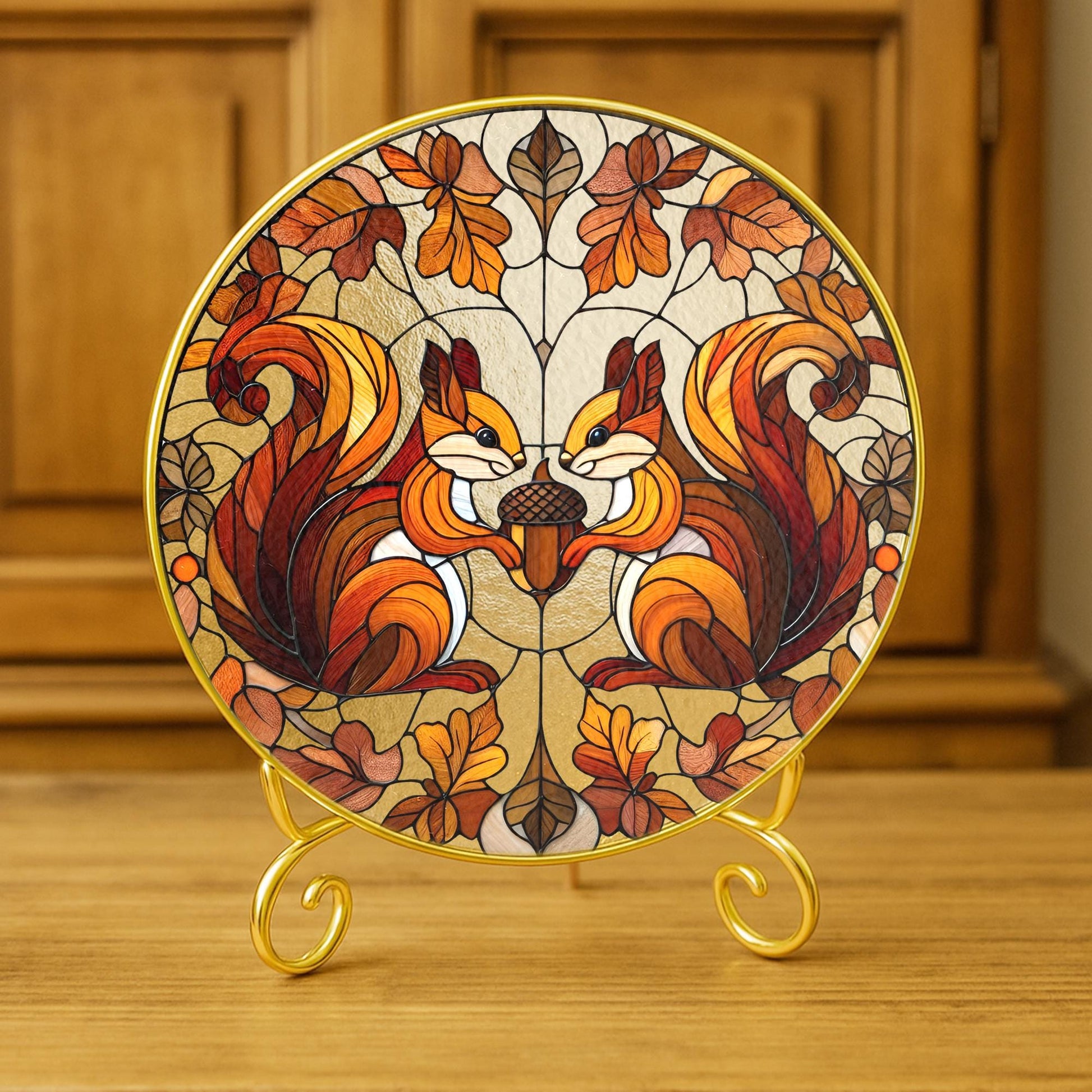 Glass Suncatcher with Squirrel and Acorn Design, Autumn Oak Leaves Pattern