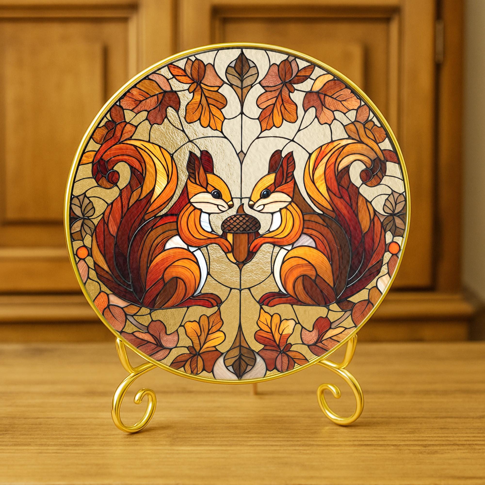 Glass Suncatcher with Squirrel and Acorn Design, Autumn Oak Leaves Pattern