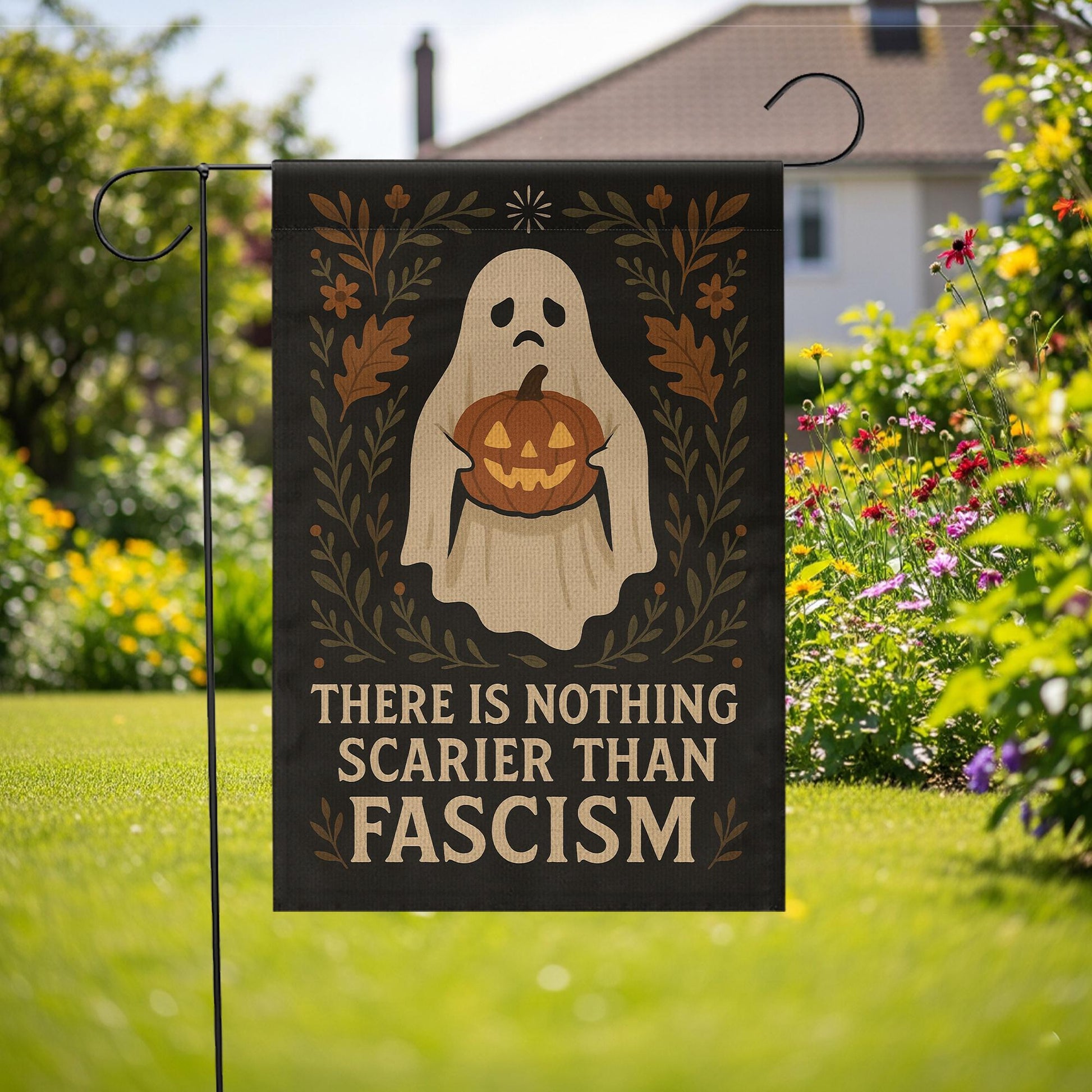 Halloween Garden Flag with Ghost and Pumpkin: Anti Fascism Outdoor Yard Decoration