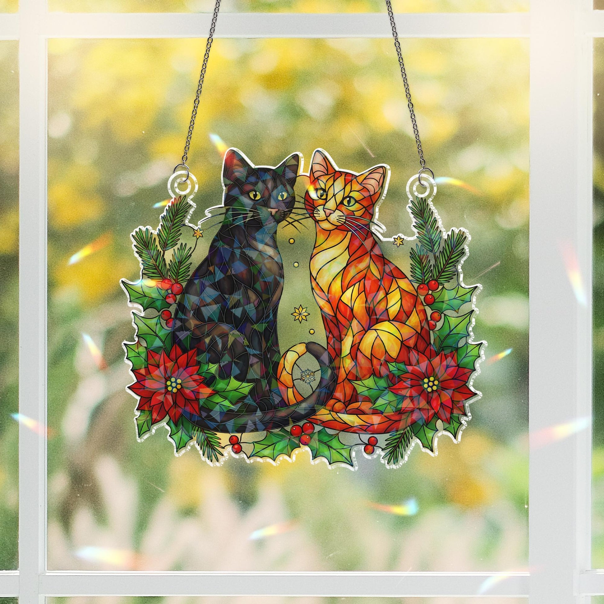 Acrylic Window Hanging with Two Cats and Xmas Flowers: Custom Pet Suncatcher Decoration