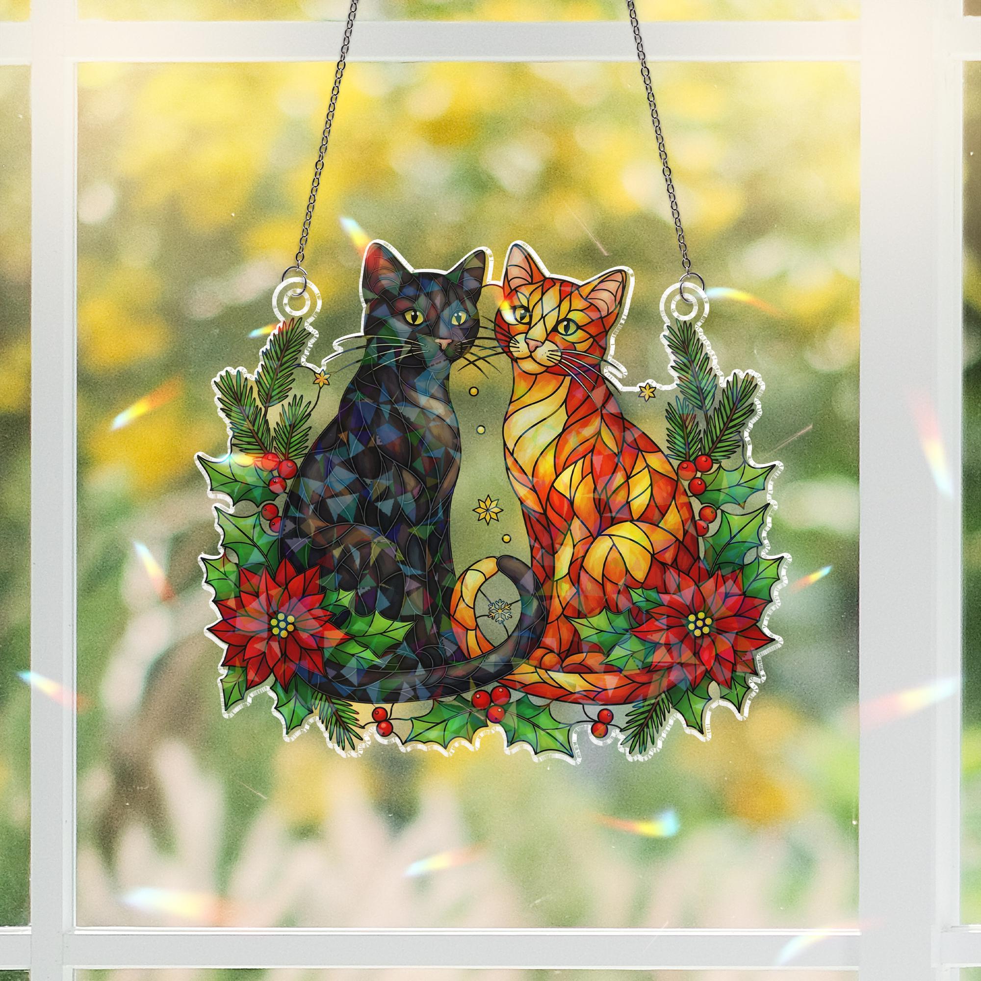 Acrylic Window Hanging with Two Cats and Xmas Flowers: Custom Pet Suncatcher Decoration