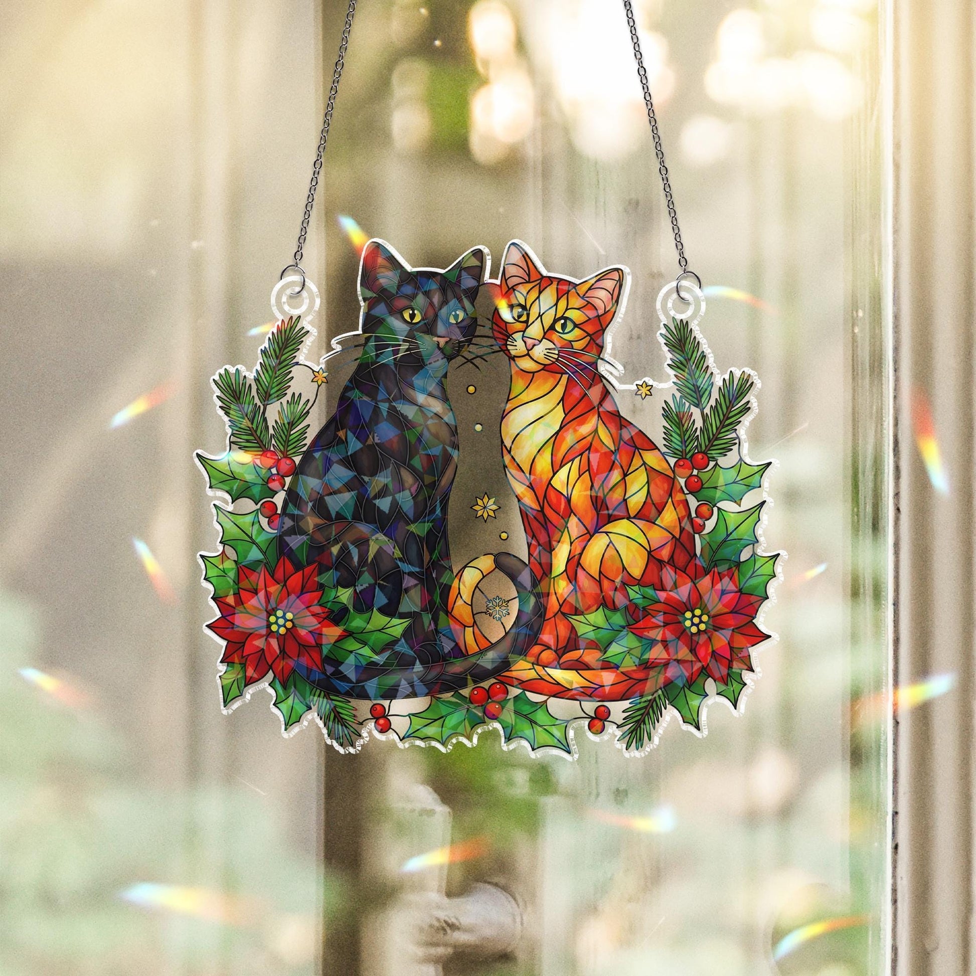 Acrylic Window Hanging with Two Cats and Xmas Flowers: Custom Pet Suncatcher Decoration