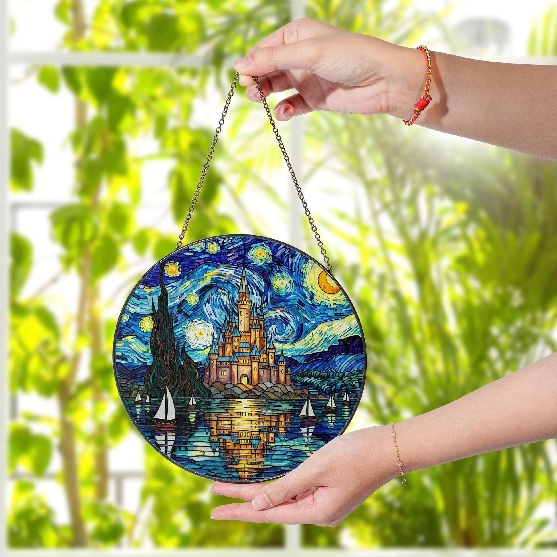 Glass Suncatcher with Castle: Round Window Hanging Decoration