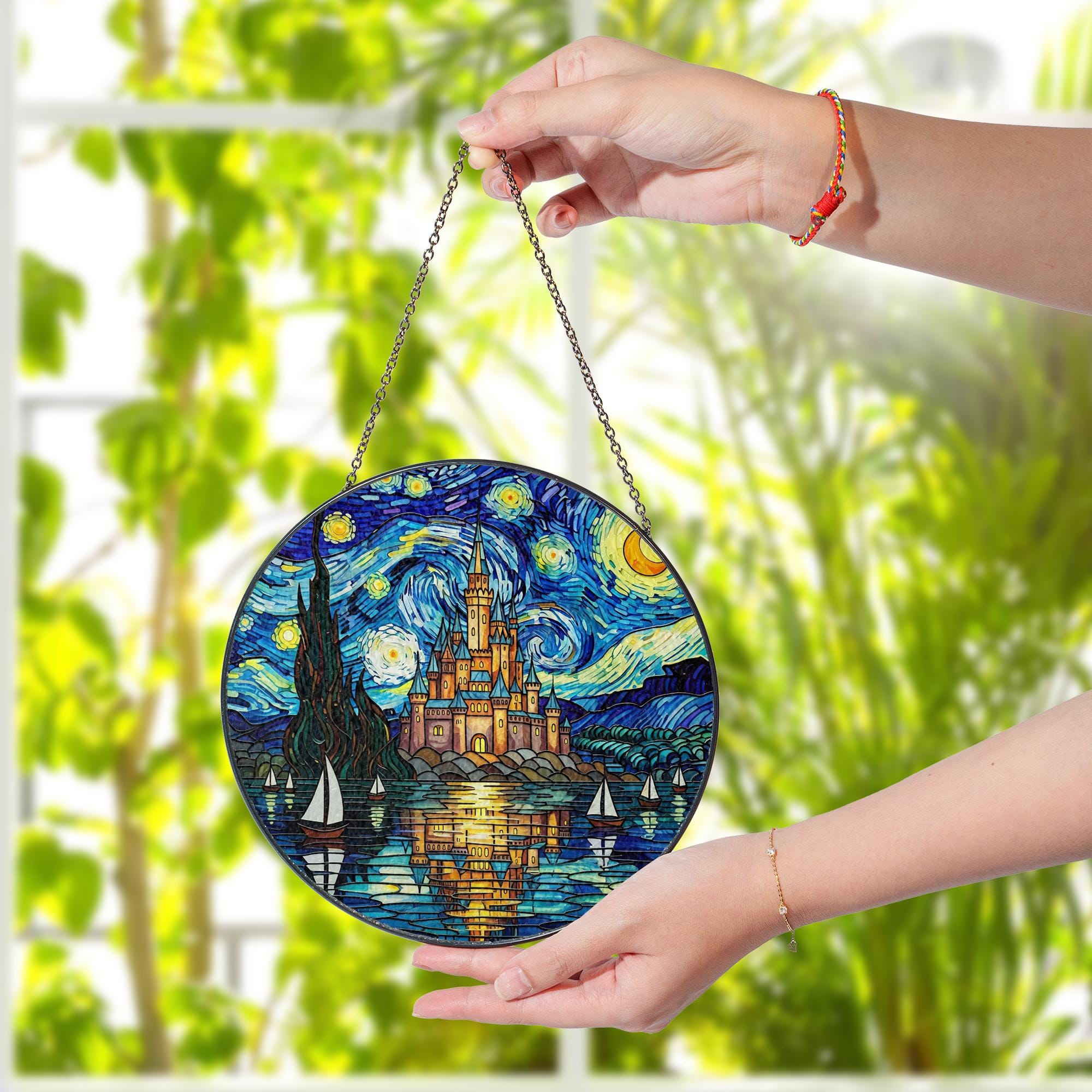 Glass Suncatcher with Castle: Round Window Hanging Decoration