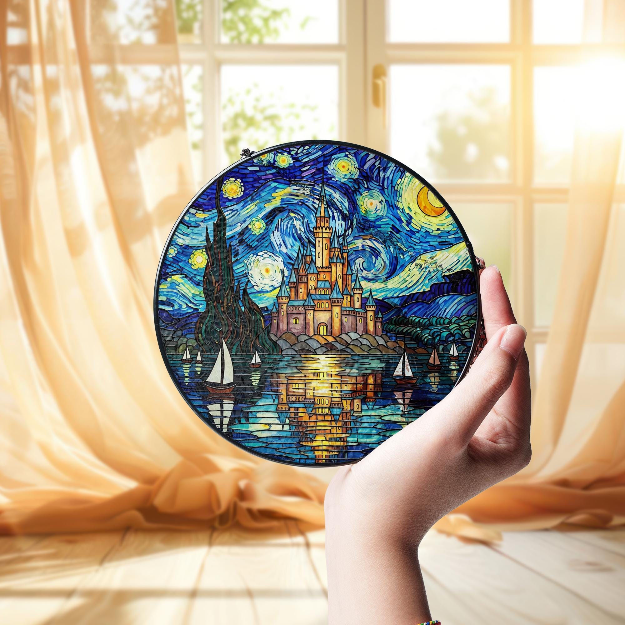 Glass Suncatcher with Castle: Round Window Hanging Decoration
