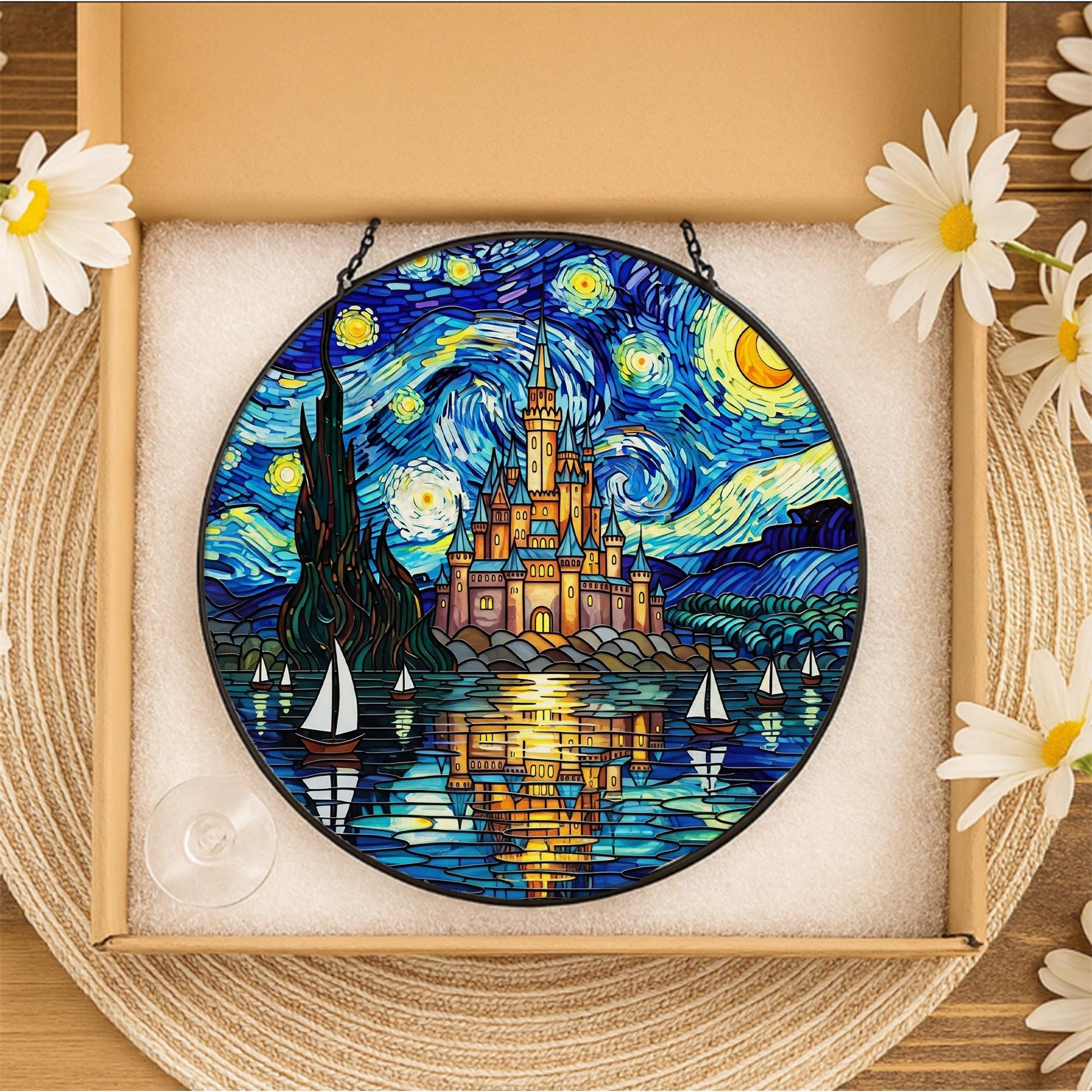 Glass Suncatcher with Castle: Round Window Hanging Decoration