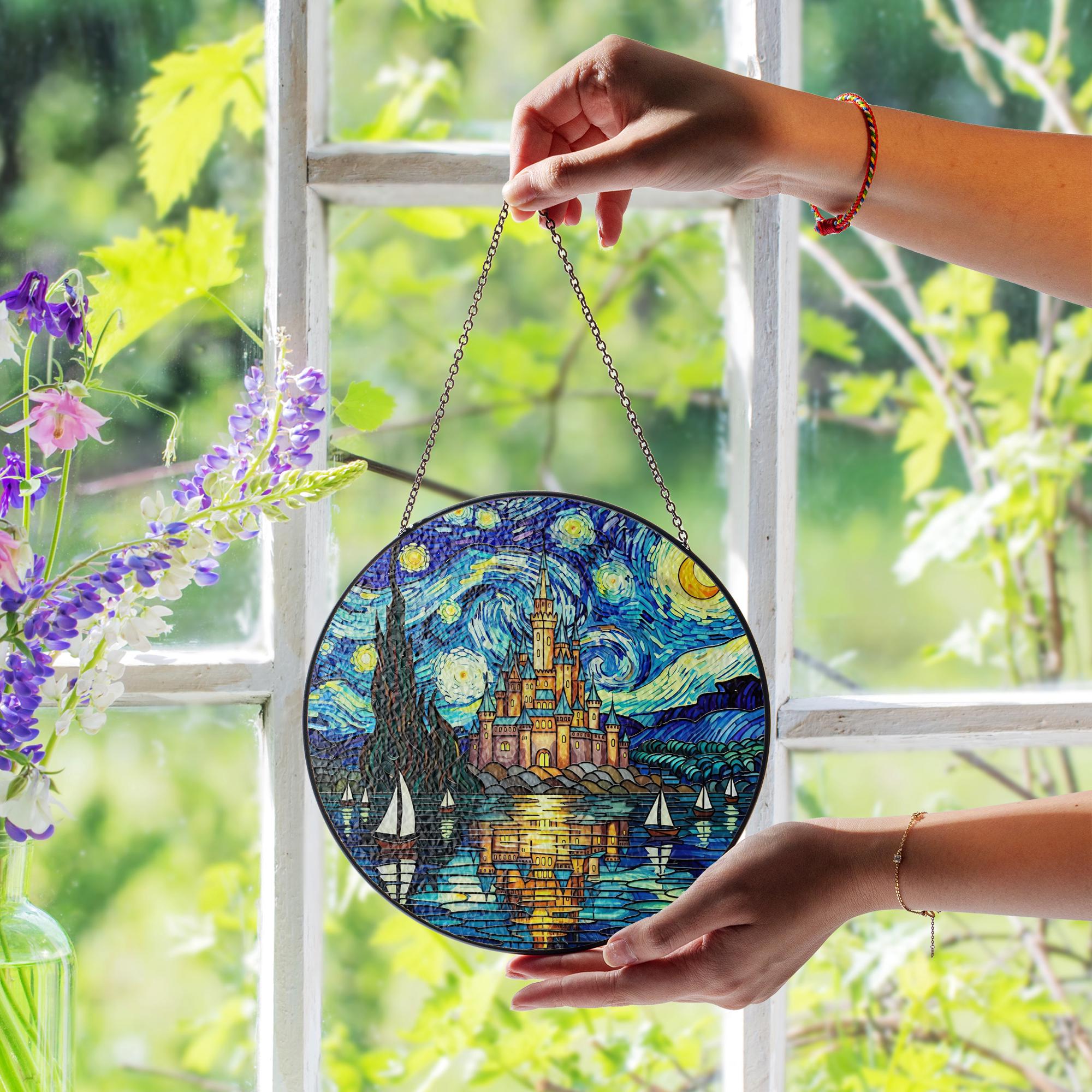 Glass Suncatcher with Castle: Round Window Hanging Decoration