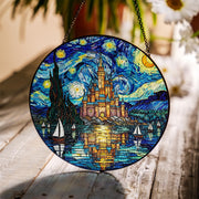 Glass Suncatcher with Castle: Round Window Hanging Decoration
