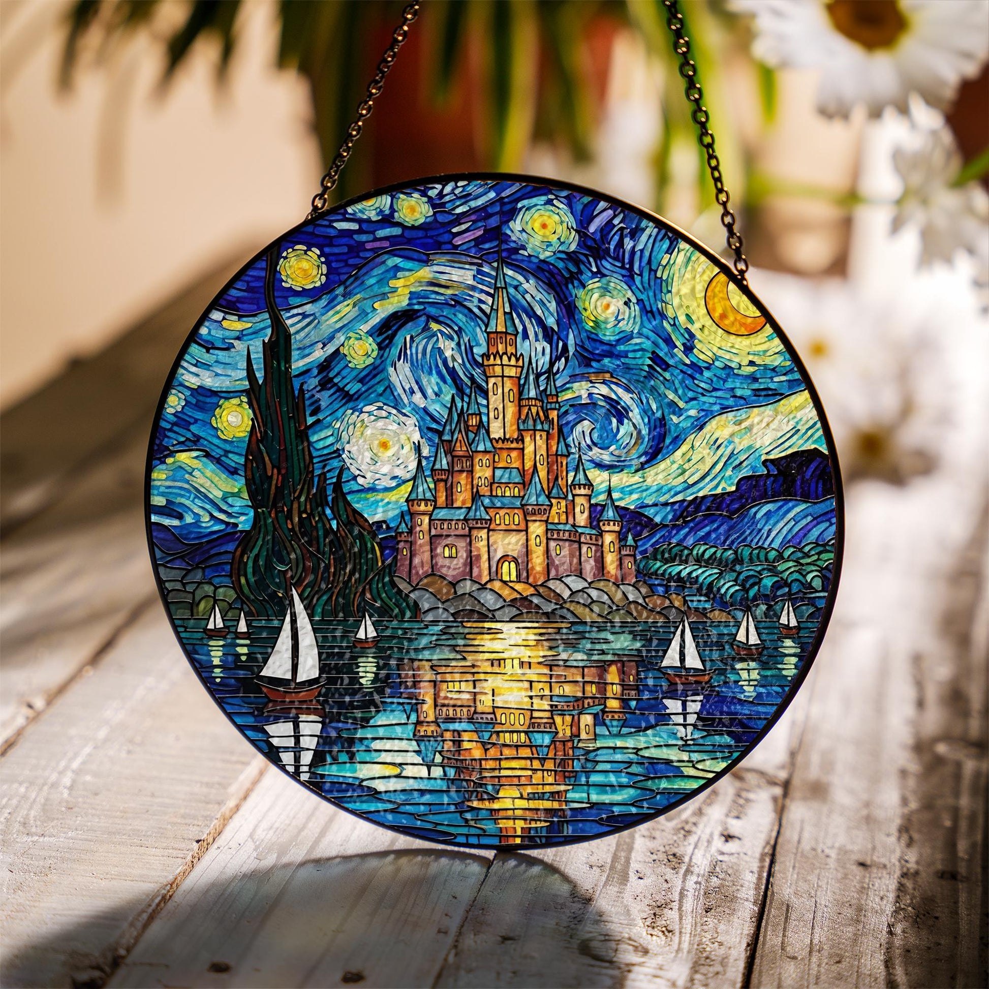 Glass Suncatcher with Castle: Round Window Hanging Decoration