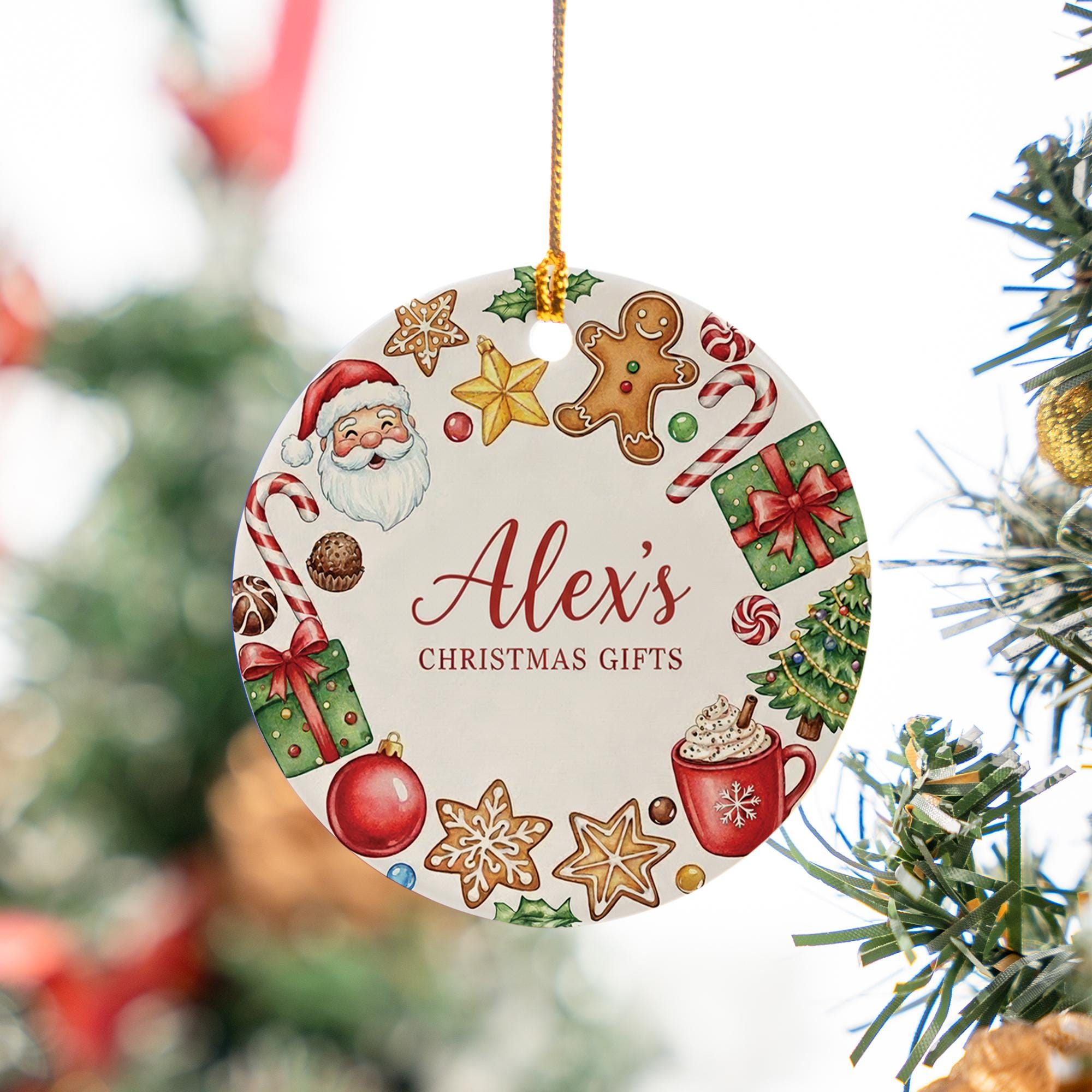 Personalized Ceramic Christmas Ornament with Santa and Holiday Cookies: Custom Name Tree Decoration