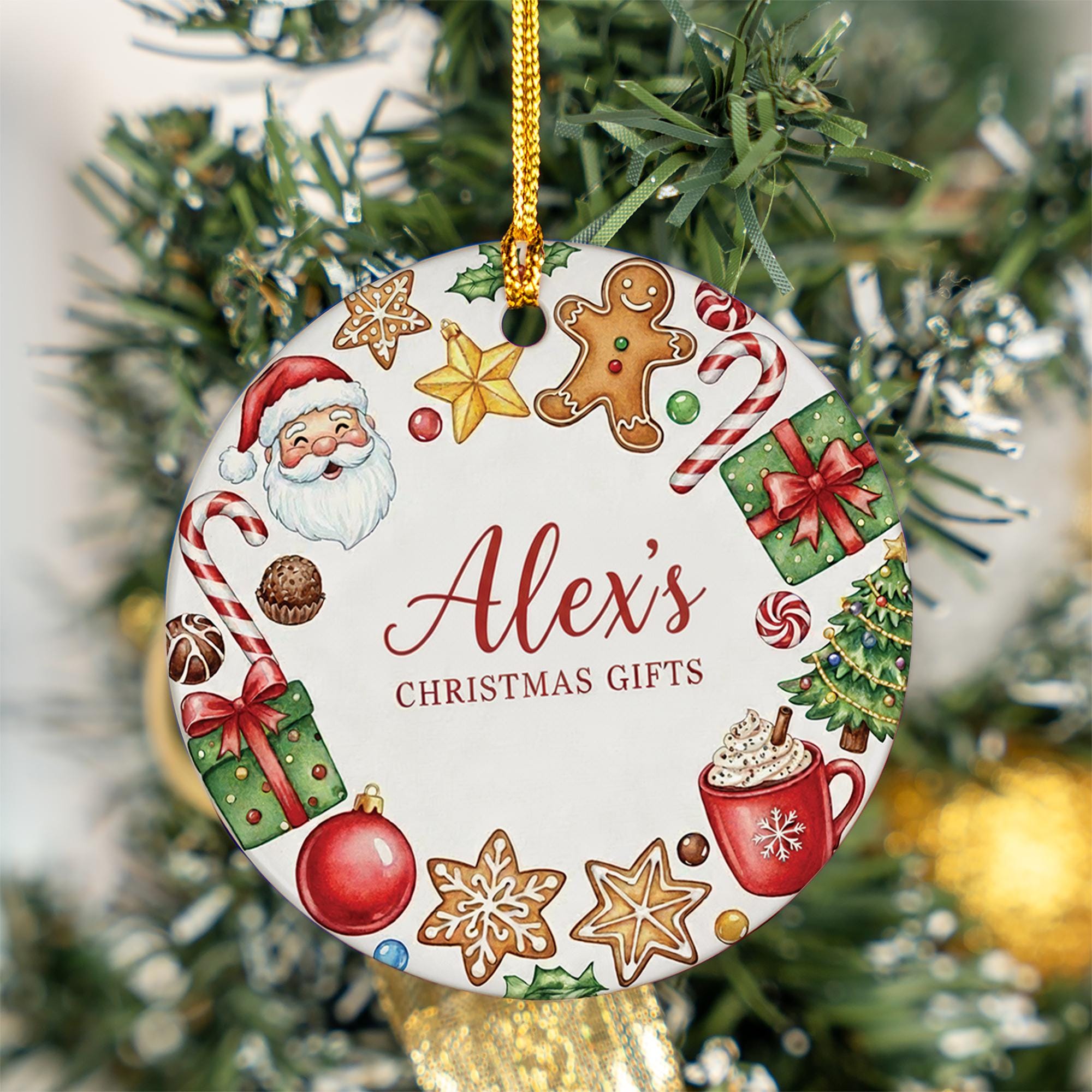 Personalized Ceramic Christmas Ornament with Santa and Holiday Cookies: Custom Name Tree Decoration