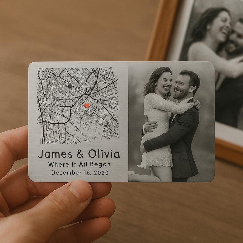 Personalized Metal Wallet Card, Custom Photo and Map Design, Keepsake Anniversary Gift