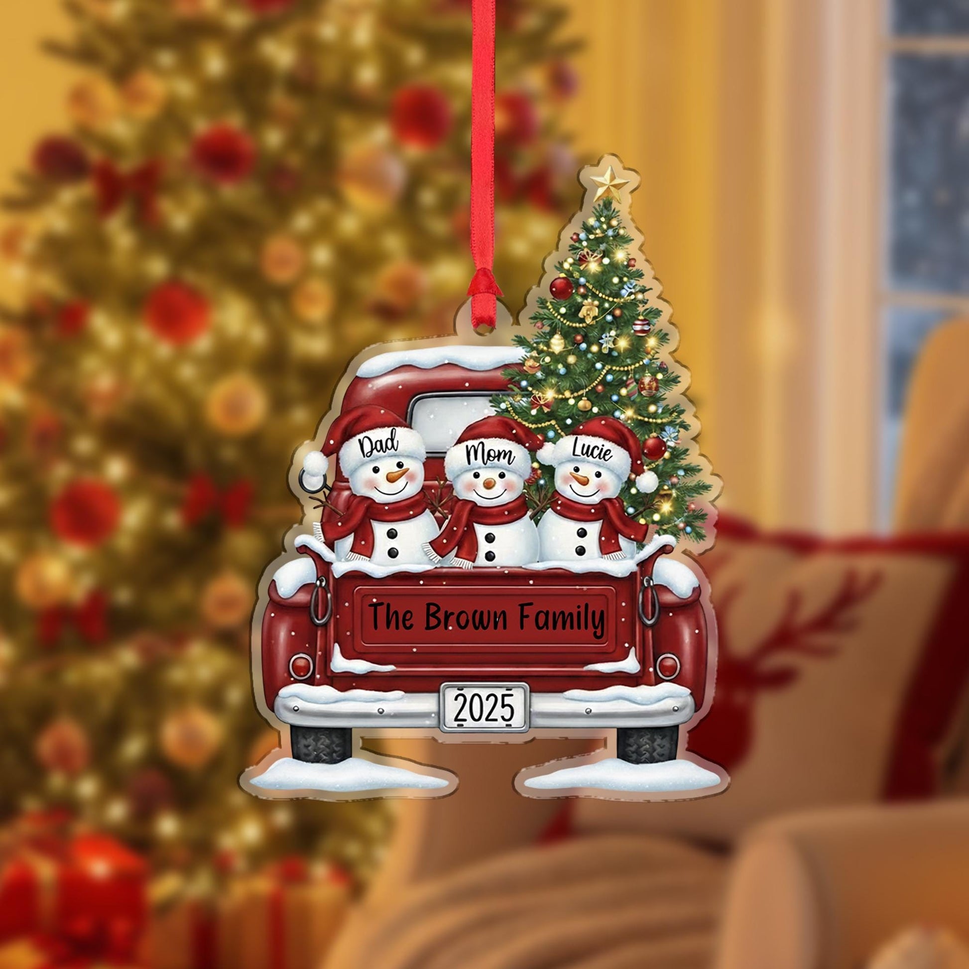Personalized Family Christmas Ornament with Snowmen in Truck: Custom Name Holiday Tree Decoration