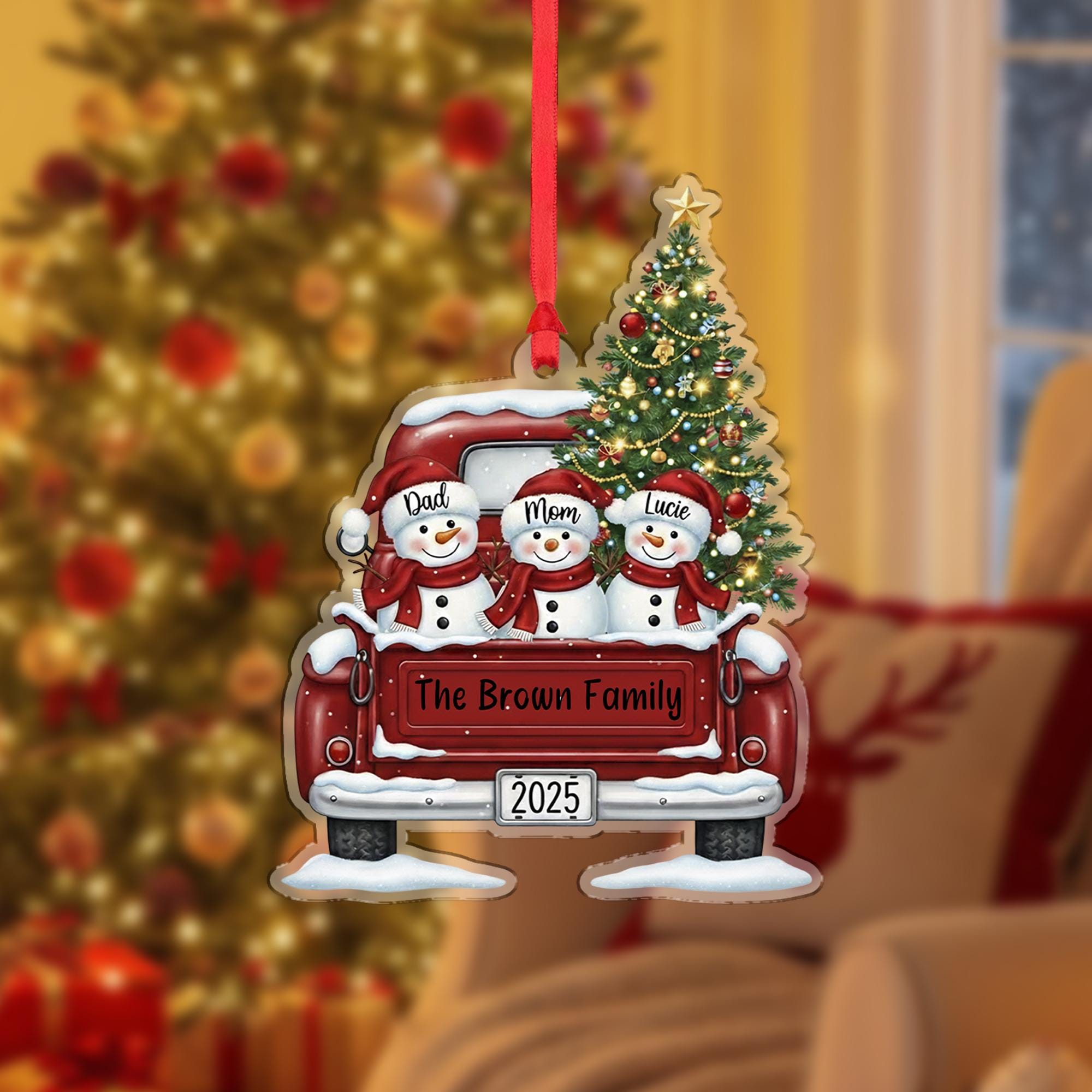 Personalized Family Christmas Ornament with Snowmen in Truck: Custom Name Holiday Tree Decoration