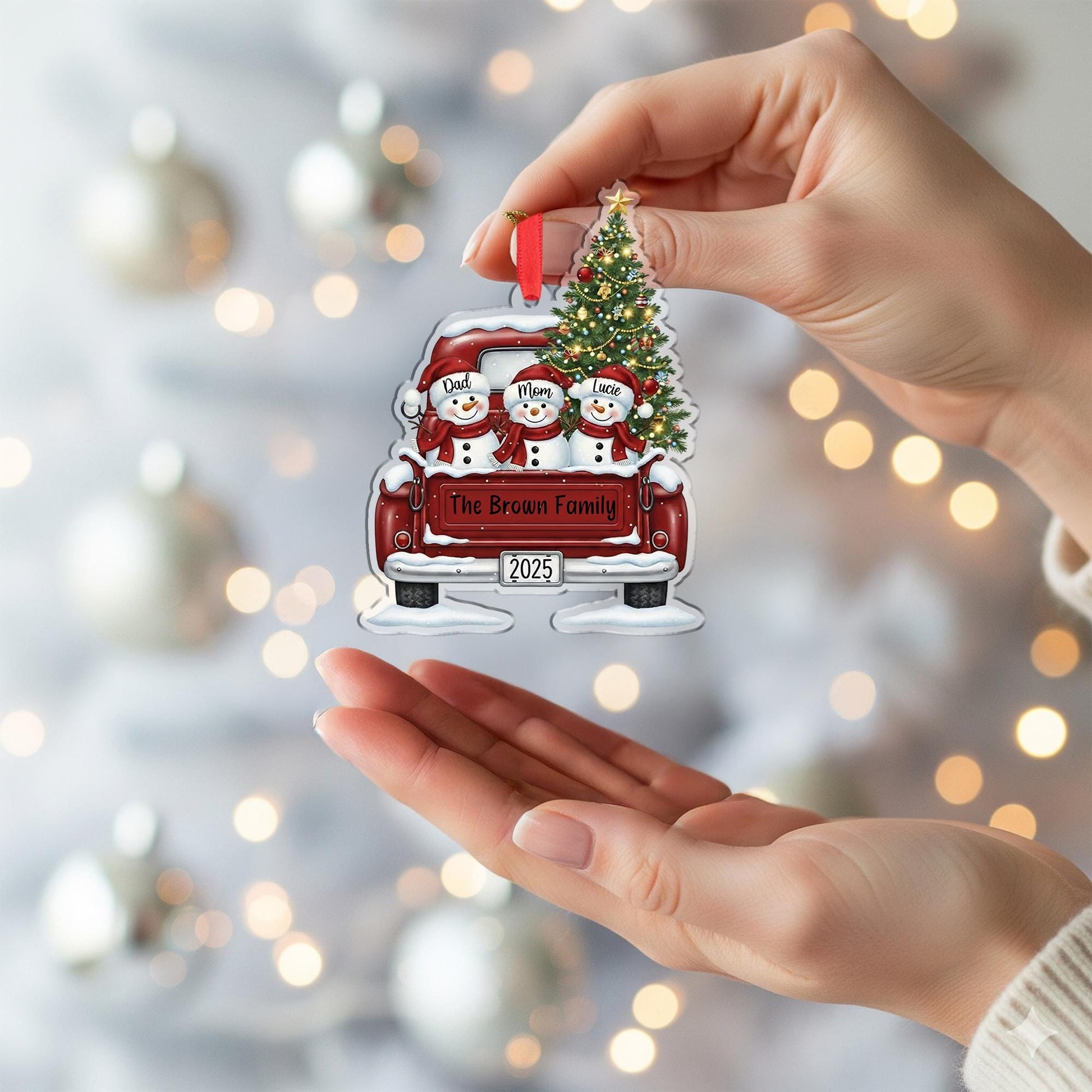 Personalized Family Christmas Ornament with Snowmen in Truck: Custom Name Holiday Tree Decoration