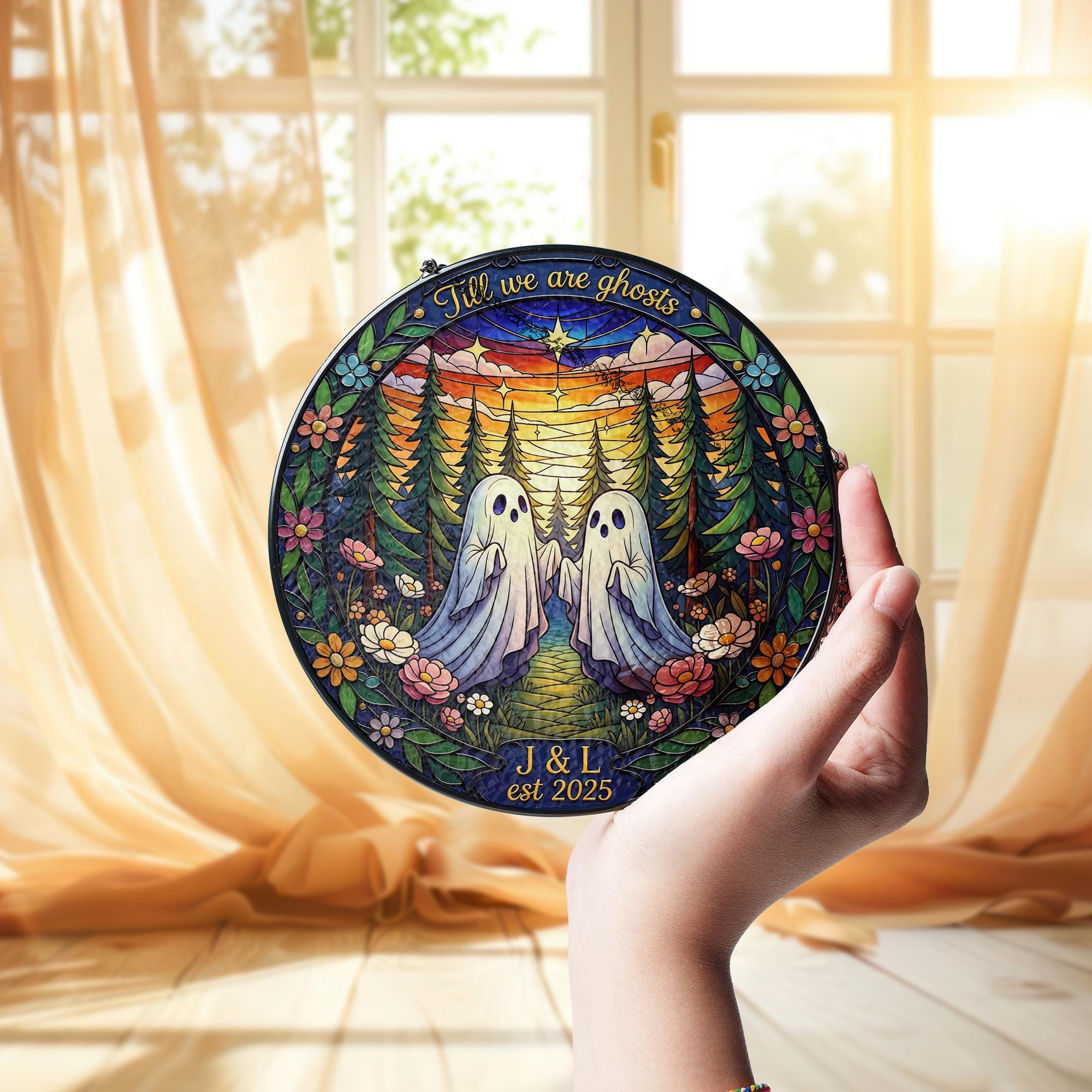 Personalized Glass Suncatcher with Ghost Couple Design, Forest Sunset Scene