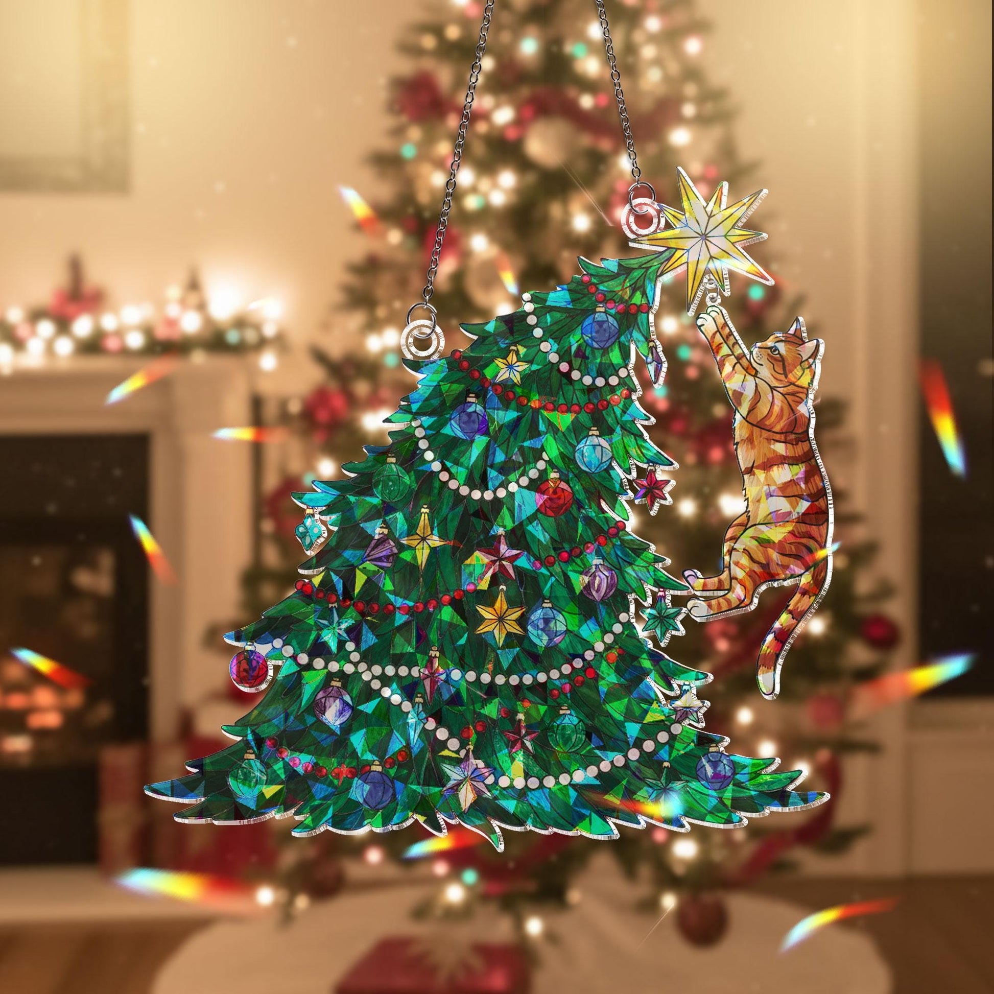 Orange Cat Climbing Christmas Tree Ornament: Hanging Window Decoration with Festive Lights and Star