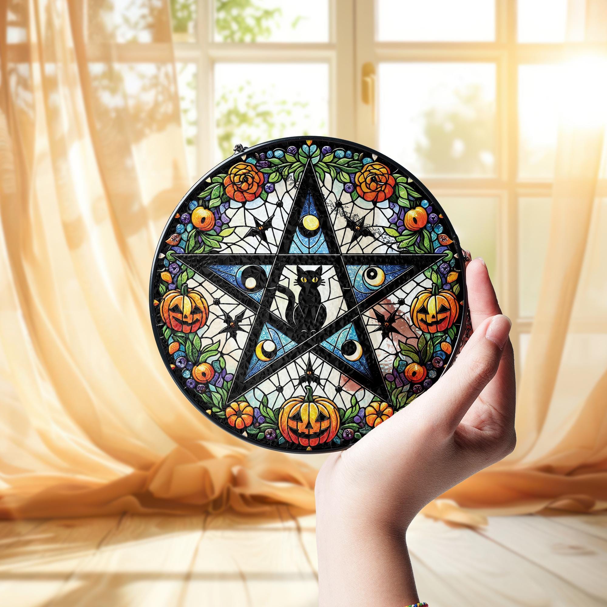 Glass Suncatcher with Pentagram and Black Cat Design, Halloween Pumpkins and Floral Pattern