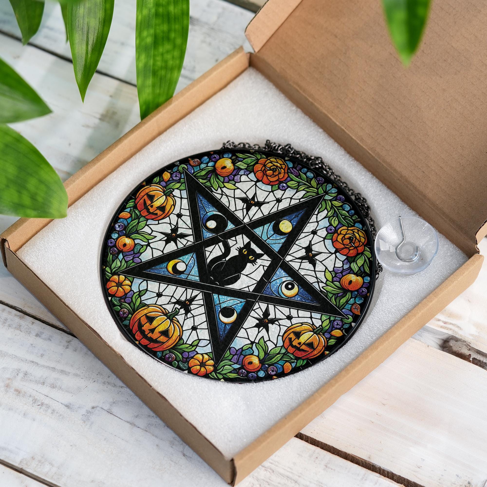 Glass Suncatcher with Pentagram and Black Cat Design, Halloween Pumpkins and Floral Pattern